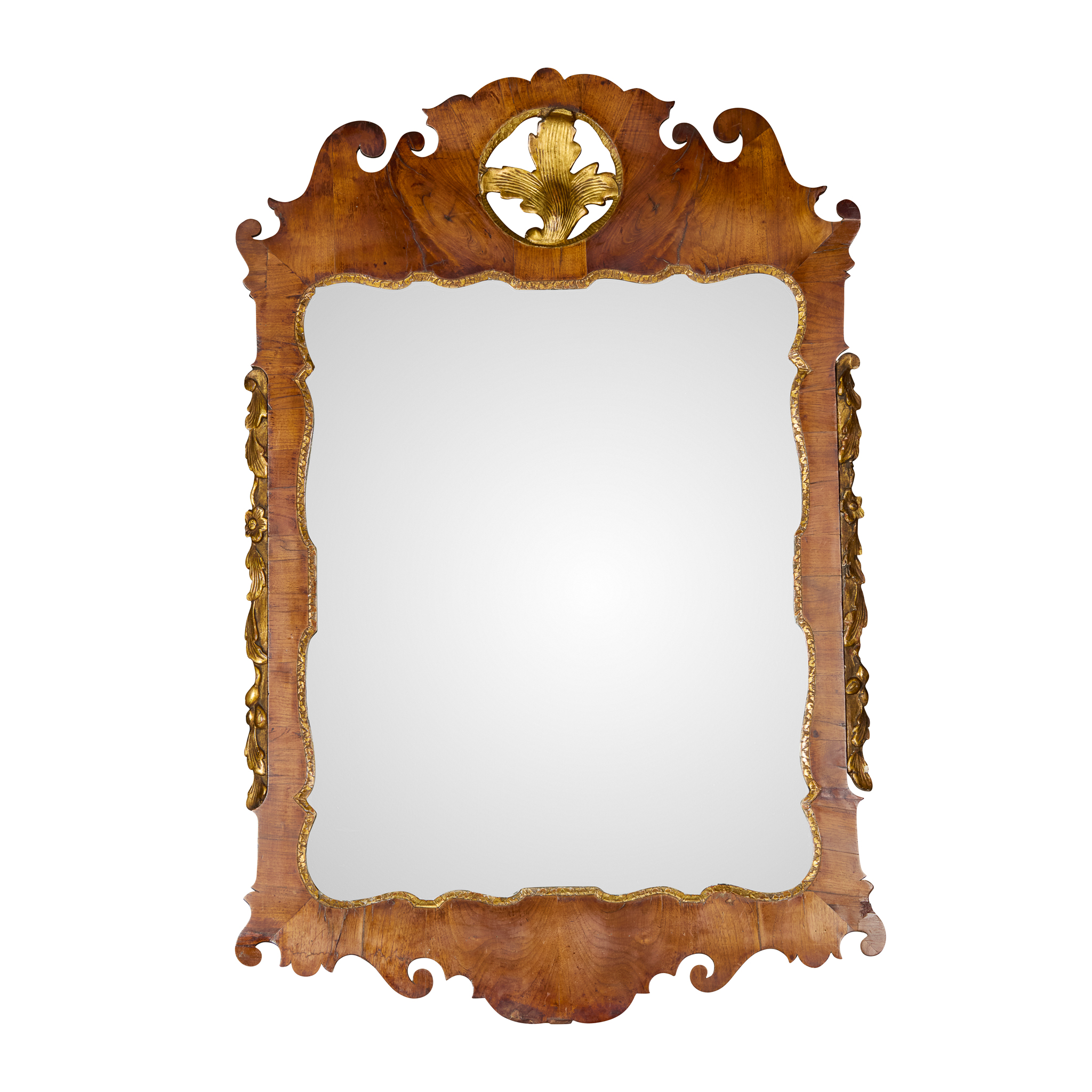 GEORGE II LARGE WALNUT AND PARCEL GILT MIRROR