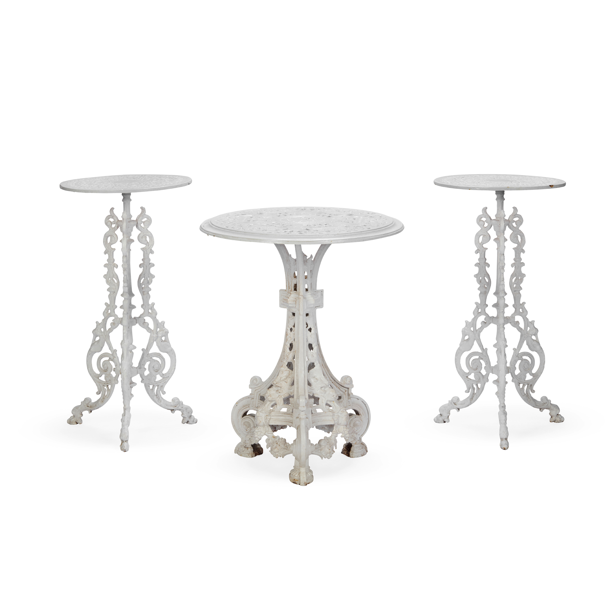 VICTORIAN PAINTED CAST IRON TABLE AND PAIR OF STANDS