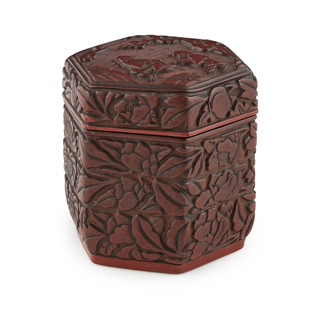 SMALL CARVED CINNABAR LACQUER HEXAGONAL BOX