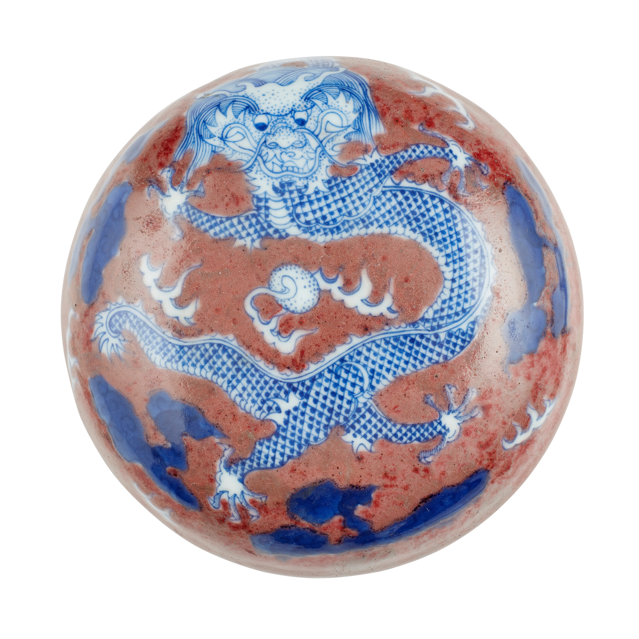 COPPER RED WITH UNDERGLAZE BLUE CIRCULAR BOX WITH COVER