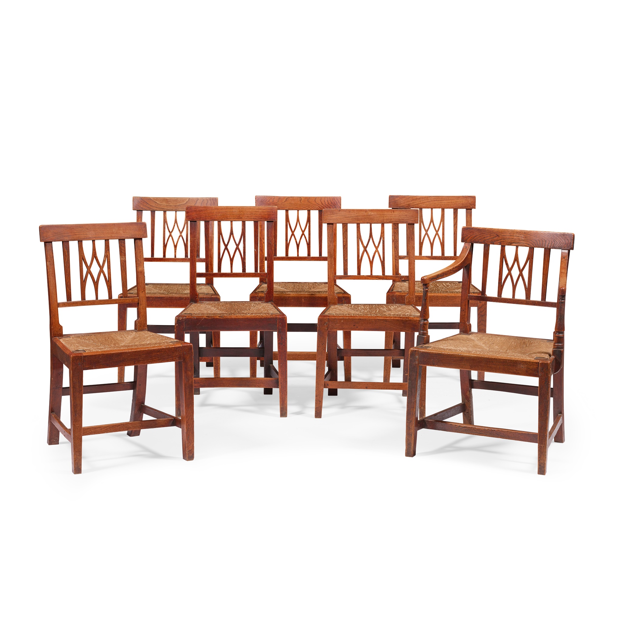 SET OF SEVEN GEORGE III ELM RUSH SEATED DINING CHAIRS