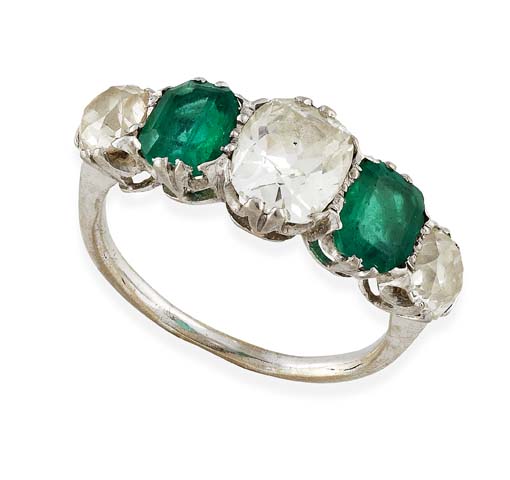 An emerald and diamond five-stone ring