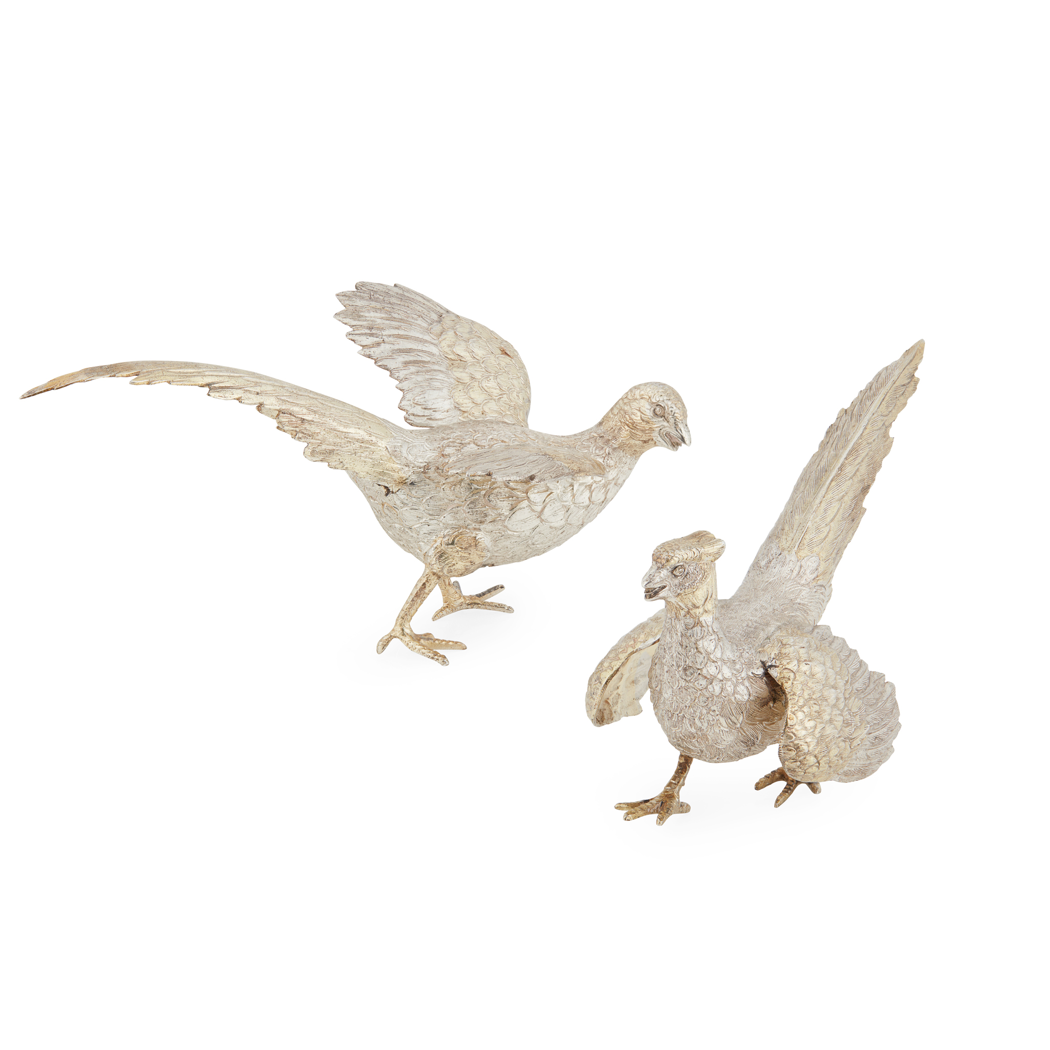 A BRACE OF CONTINENTAL PARCEL-GILT PHEASANTS