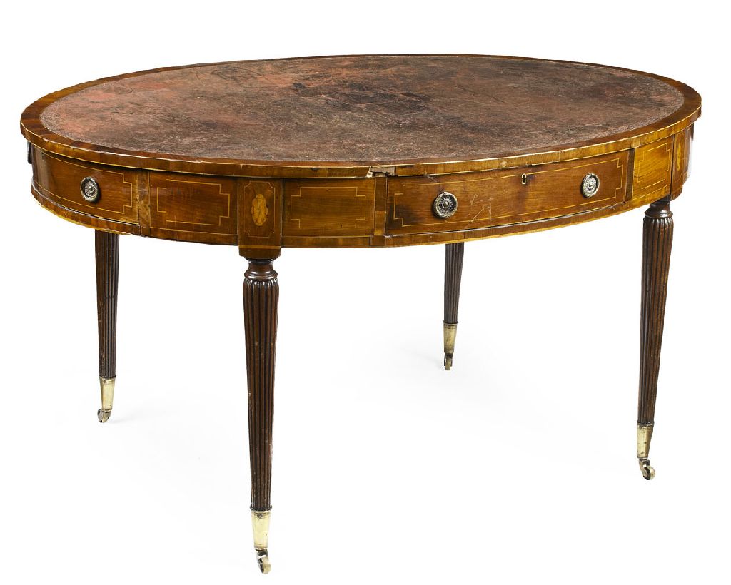 GOOD GEORGE III MAHOGANY AND INLAID OVAL LIBRARY TABLE
