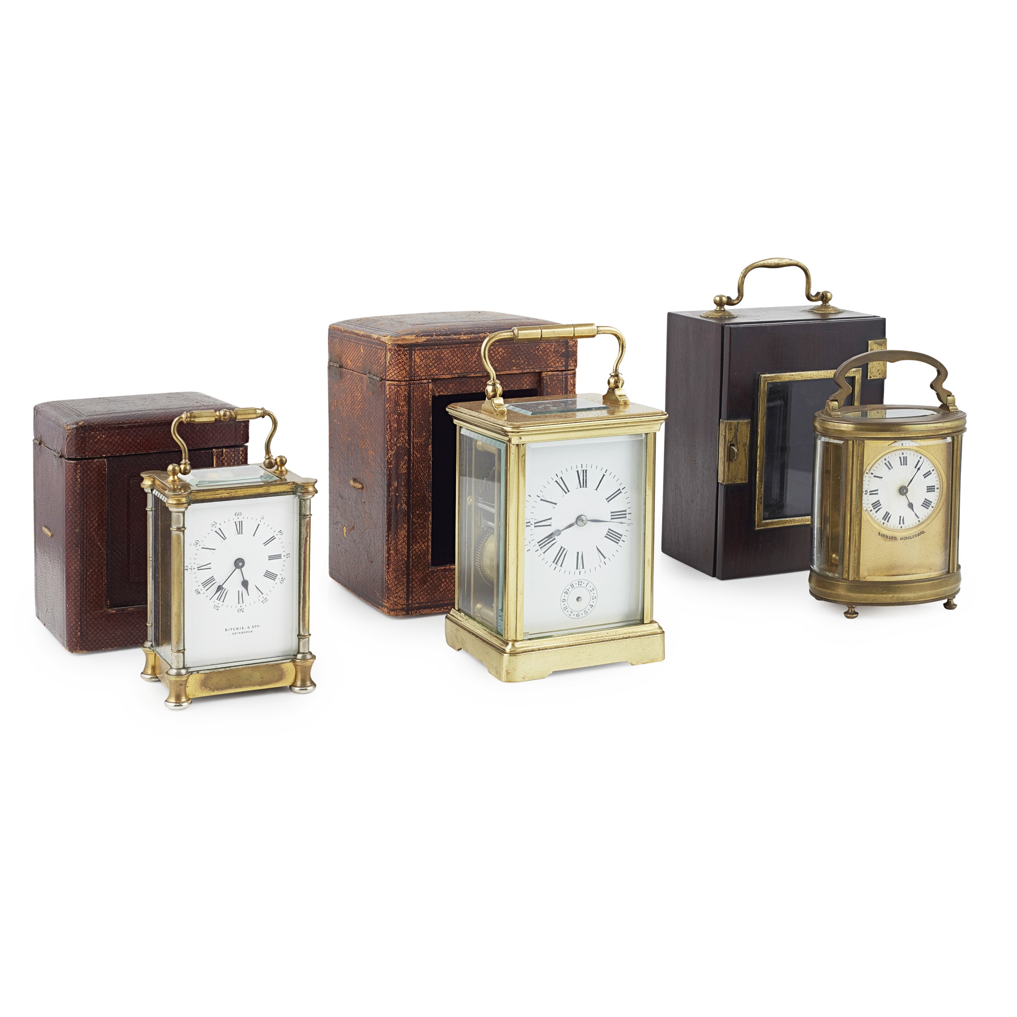 THREE LACQUERED BRASS CASED CARRIAGE CLOCKS