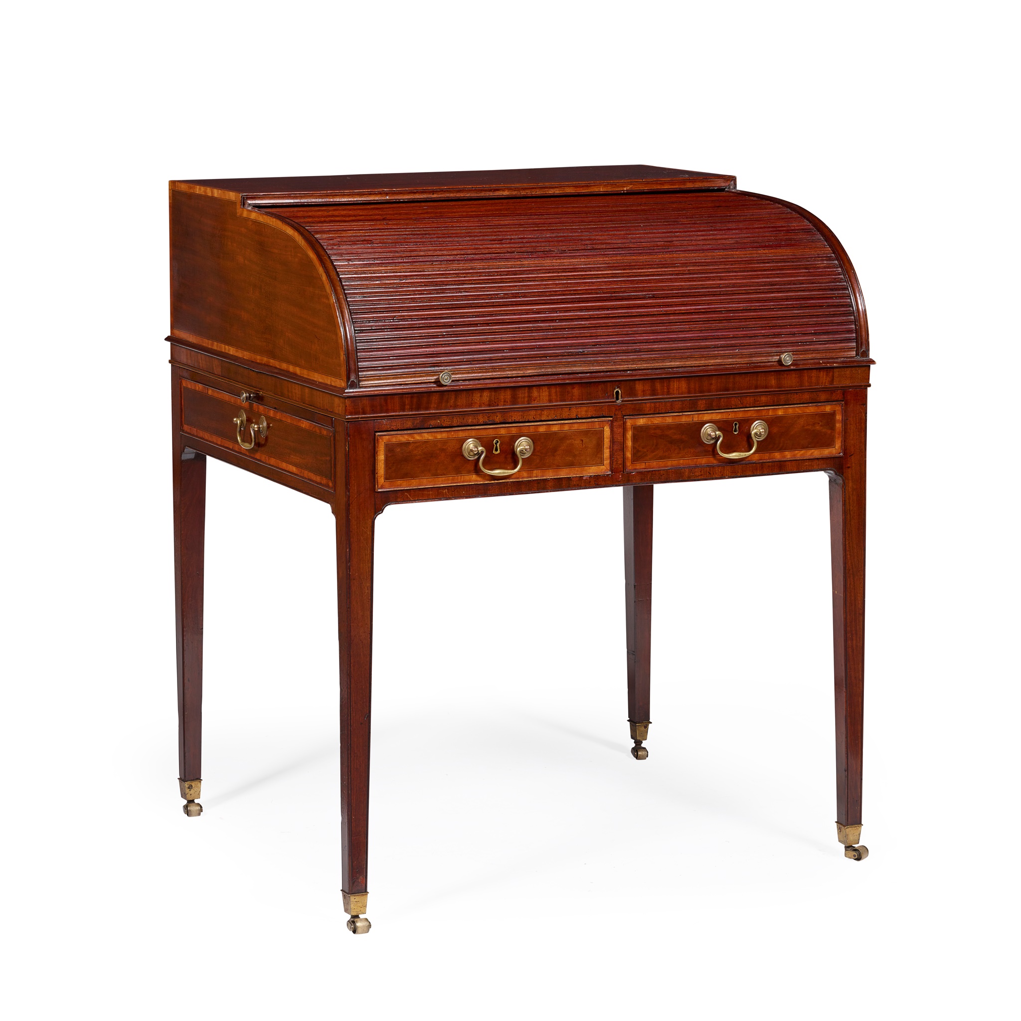 LATE GEORGE III MAHOGANY AND SATINWOOD TAMBOUR DESK
