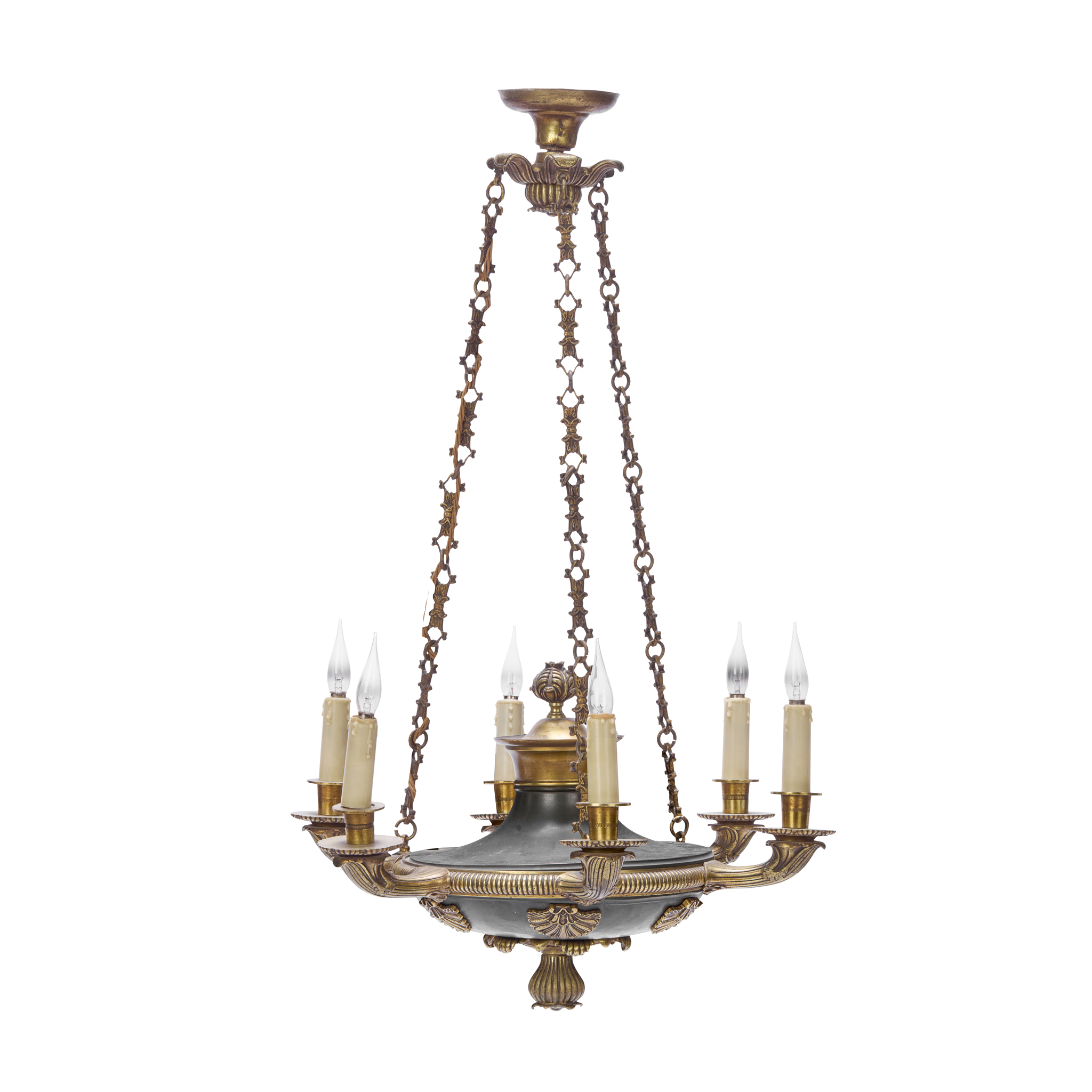 EMPIRE STYLE GILT AND PATINATED BRASS SIX LIGHT COLZA CHANDELIER