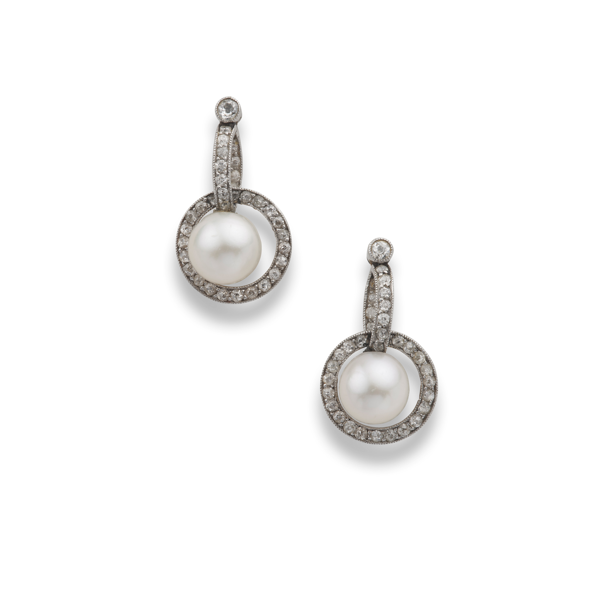 A pair of cultured pearl and diamond pendent earrings