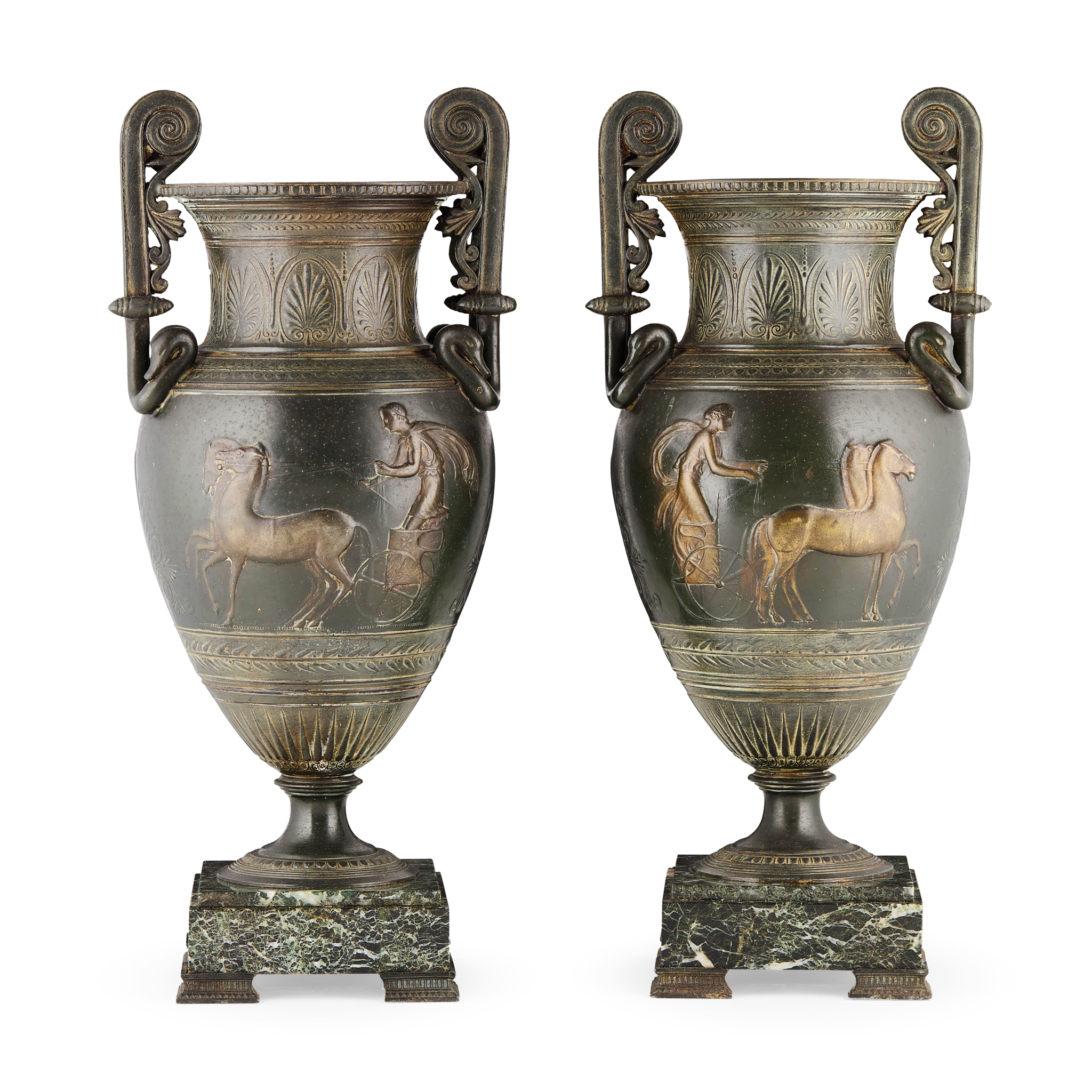 PAIR OF PATINATED SPELTER TWIN HANDLED URNS