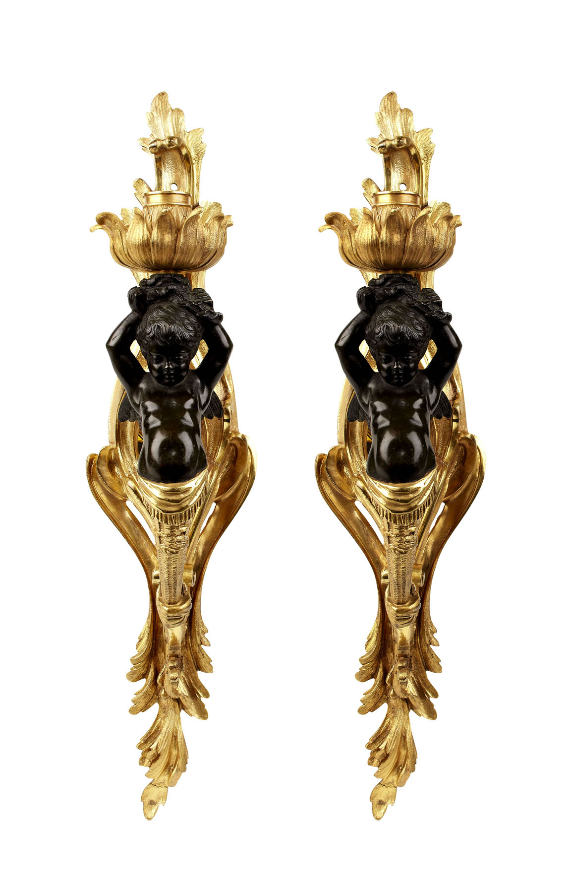 PAIR OF LOUIS XV STYLE GILT AND PATINATED BRONZE WALL APPLIQUES