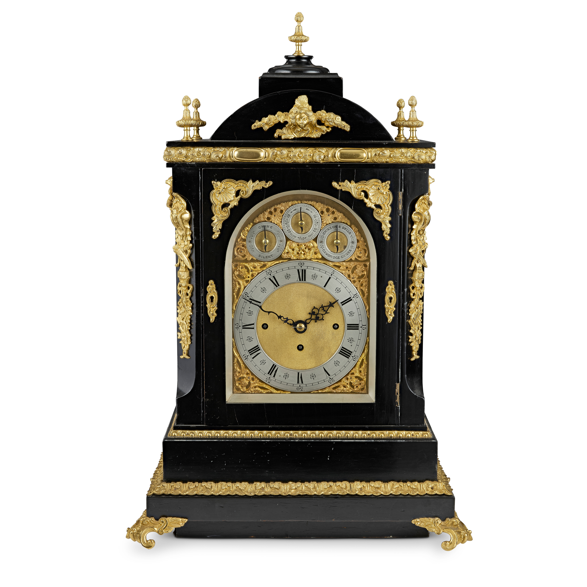 GEORGIAN STYLE EBONISED AND GILT BRASS REPEATING, QUARTER STRIKING AND CHIMING TABLE CLOCK