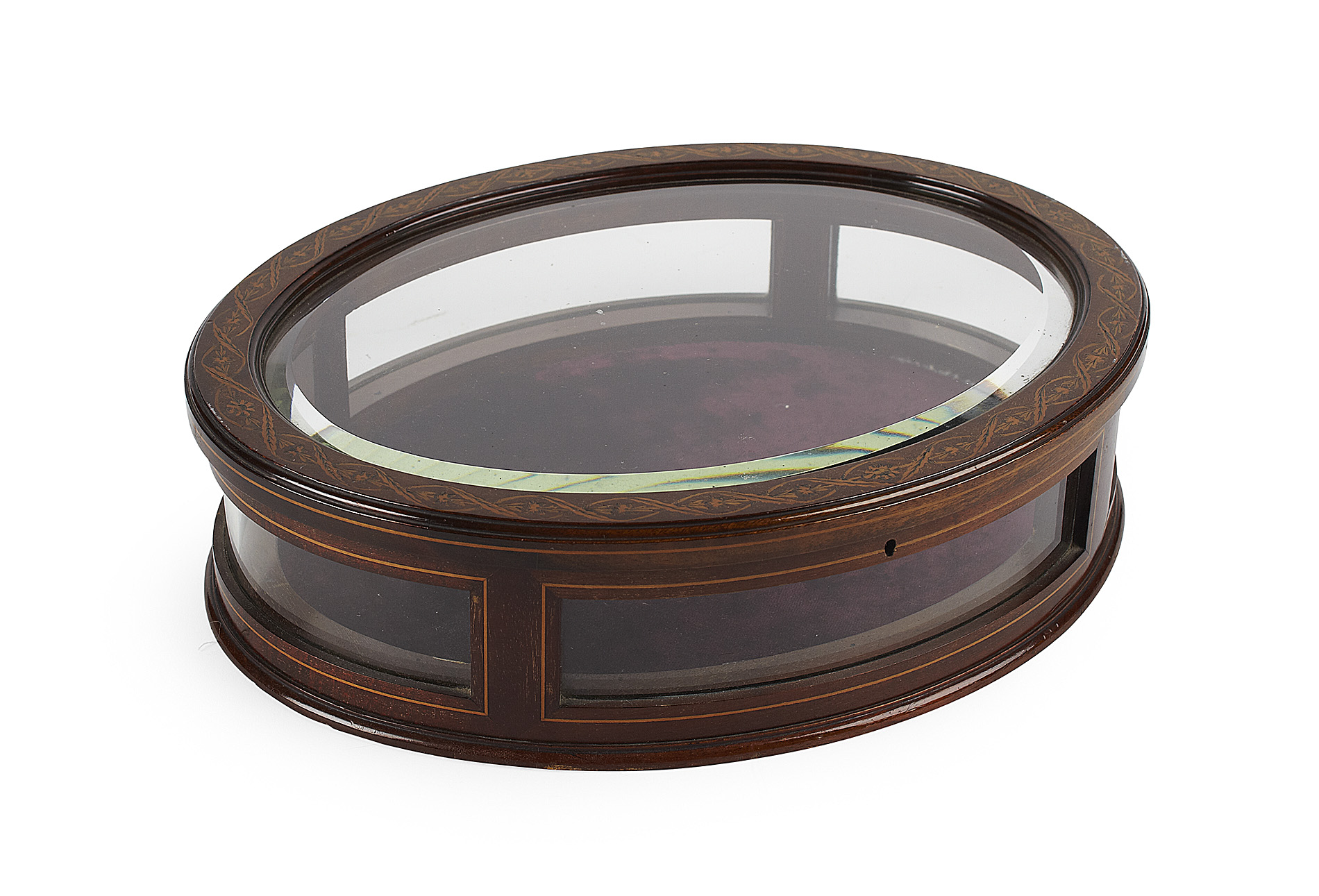 EDWARDIAN MAHOGANY AND INLAID GLAZED OVAL BIJOUTERIE CASE