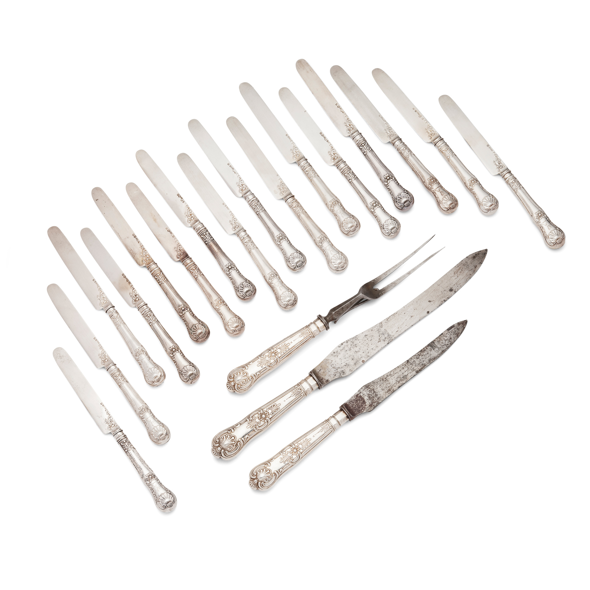 A SET OF SIXTEEN GEORGE IV KING'S PATTERN KNIVES AND CARVING SET