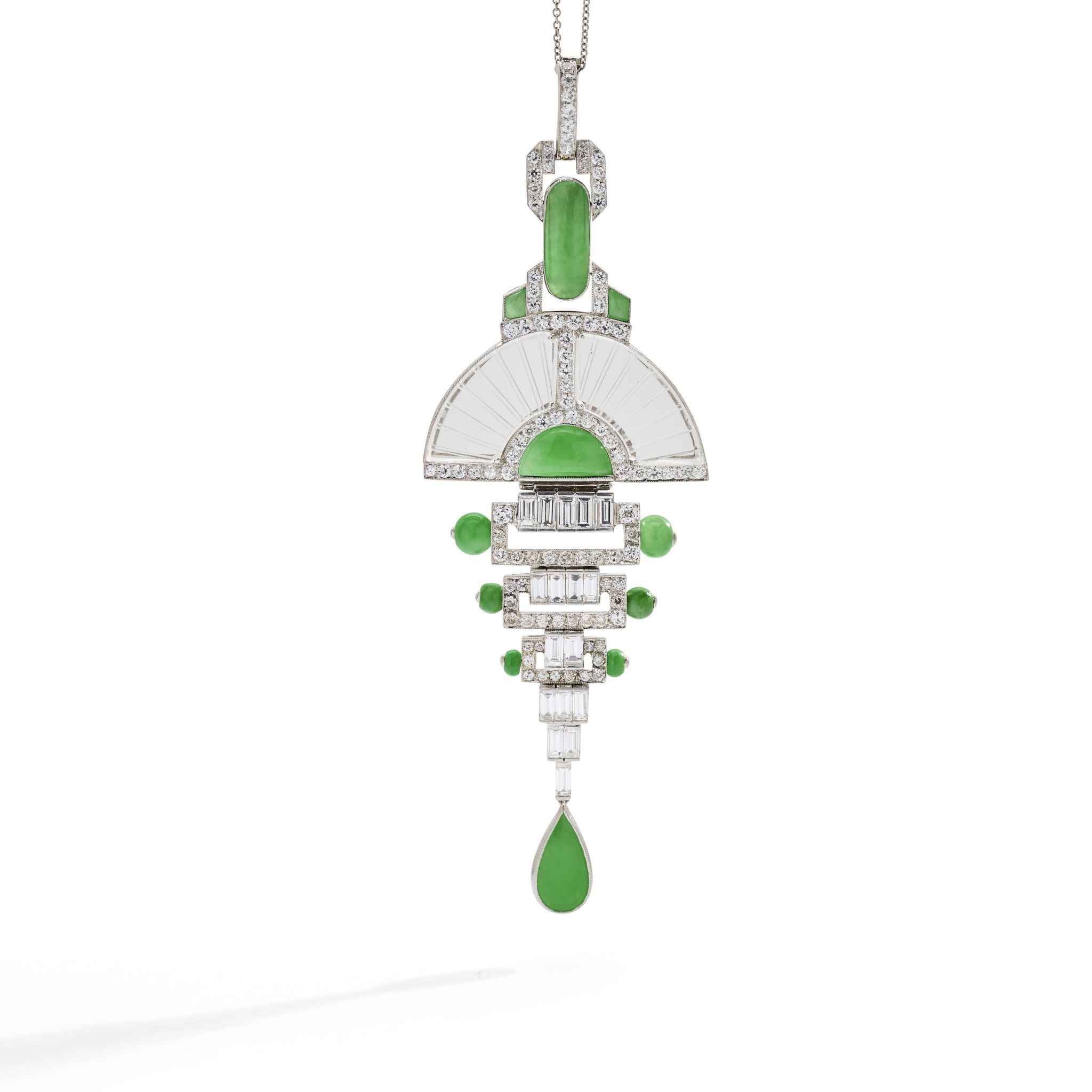 A jadeite, rock crystal and diamond pendant necklace