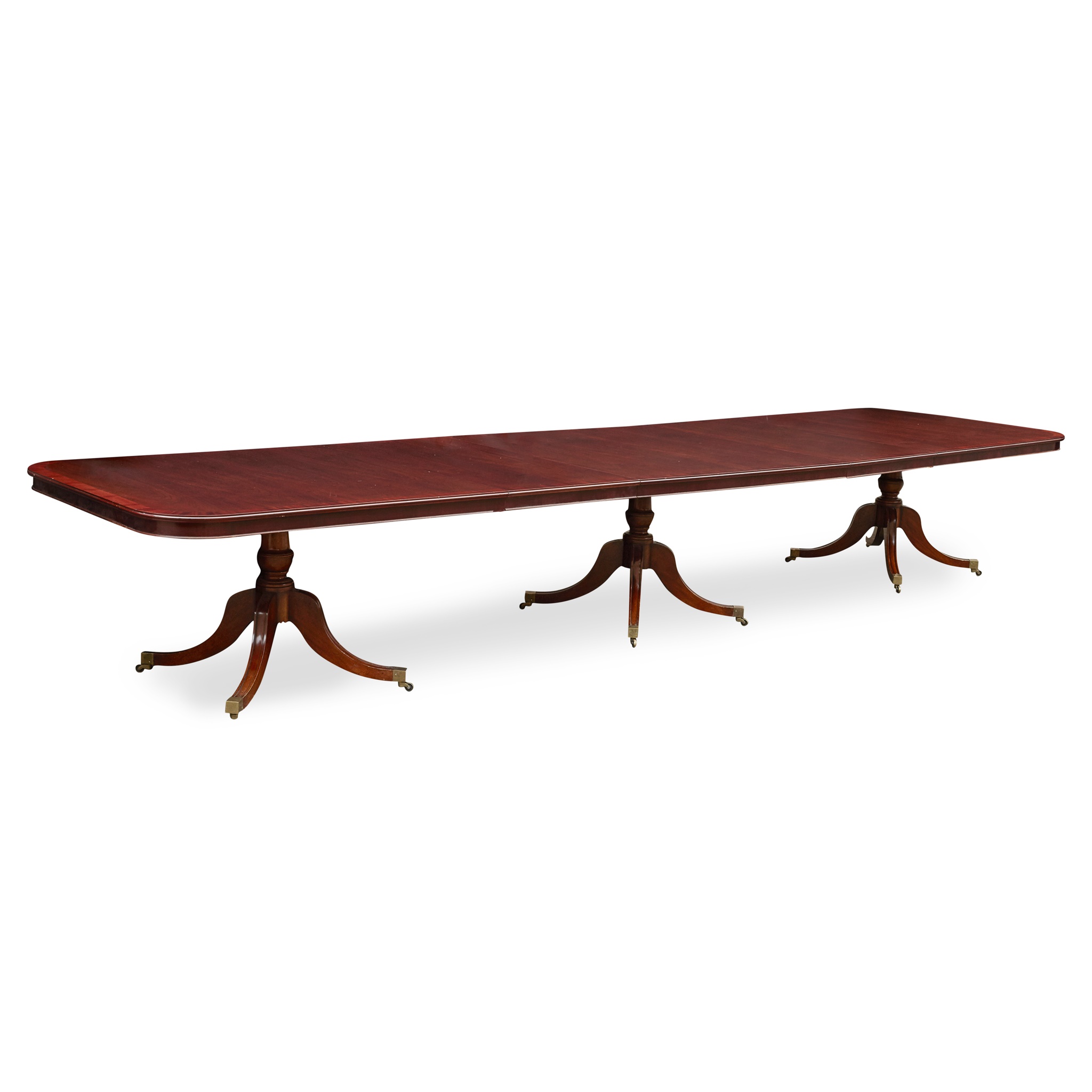 GEORGIAN STYLE MAHOGANY TRIPLE PEDESTAL DINING TABLE, BY ARTHUR BRETT & SONS, NORWICH