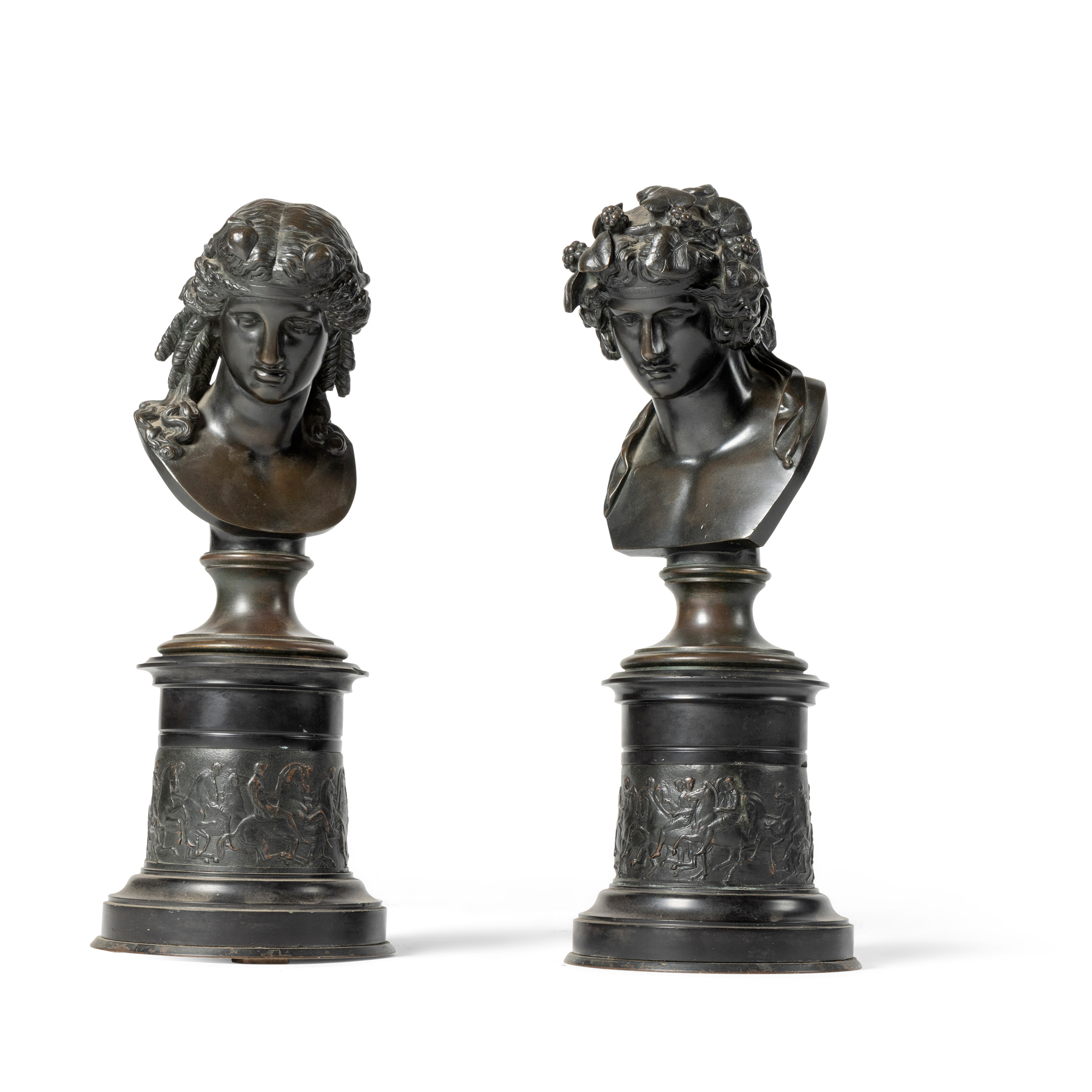 A PAIR OF BRONZE AND BLACK SLATE BUSTS OF DIONYSUS AND ARIADNE, AFTER GEORGES EMILE HENRI SEVERANT (FRENCH 1828-1890)