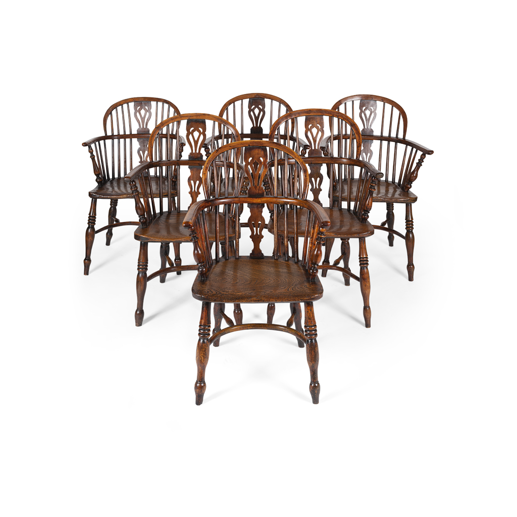 SET OF SIX YEW AND ELM WINDSOR ARMCHAIRS
