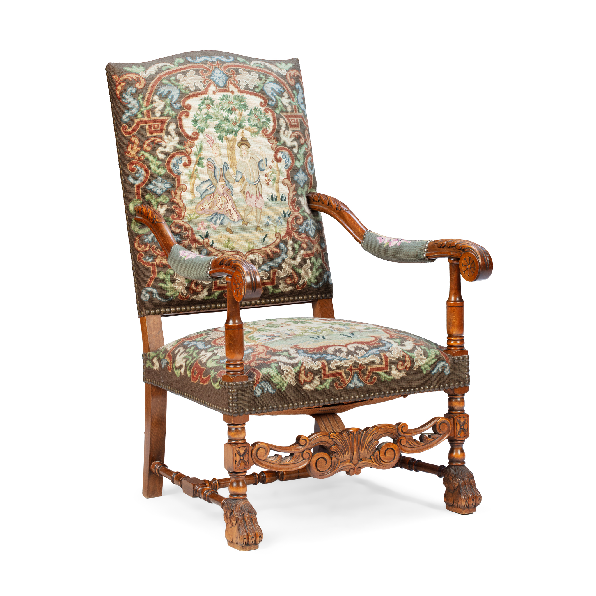 LOUIS XIV STYLE WALNUT AND NEEDLEWORK ARMCHAIR