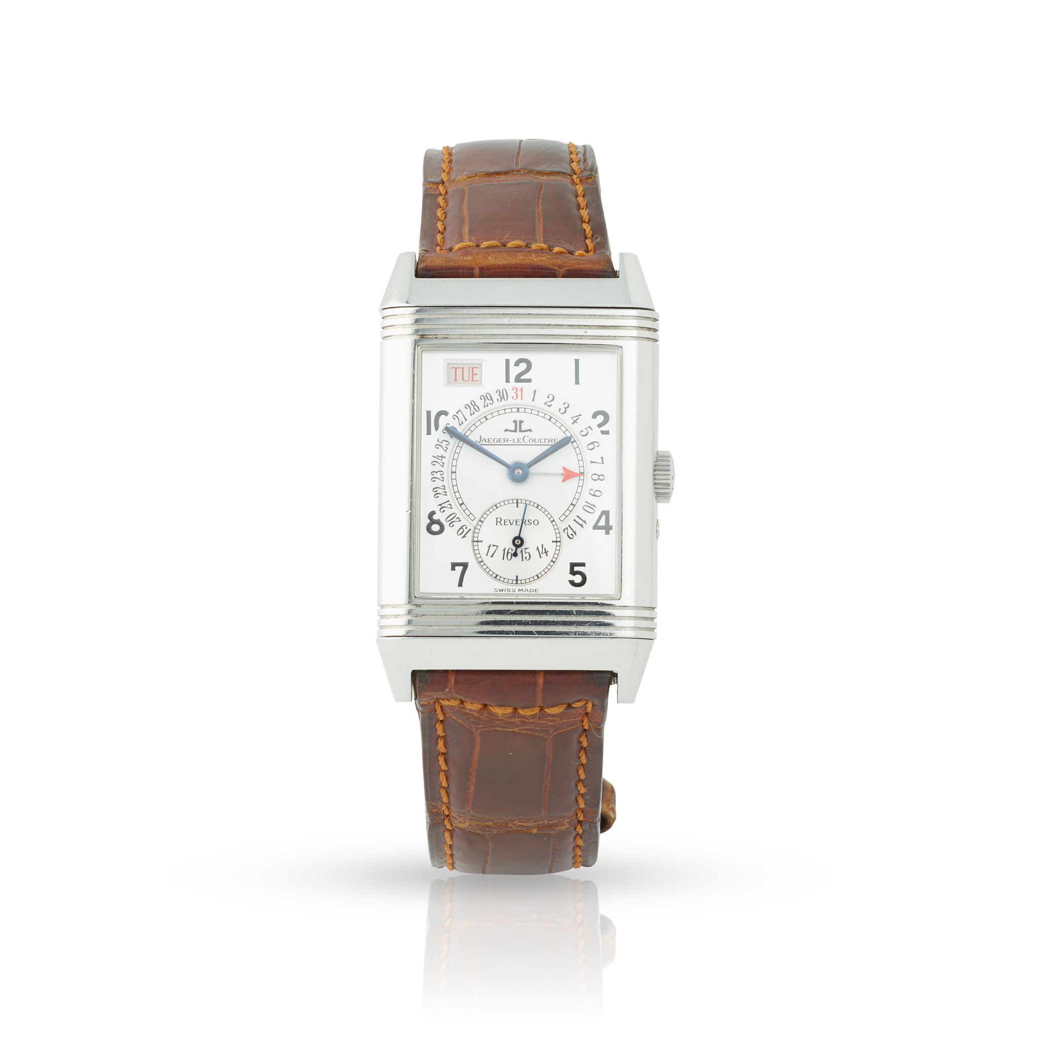 Jaeger LeCoultre. A fine and unusual stainless steel mechanical reversible wristwatch with day and date,