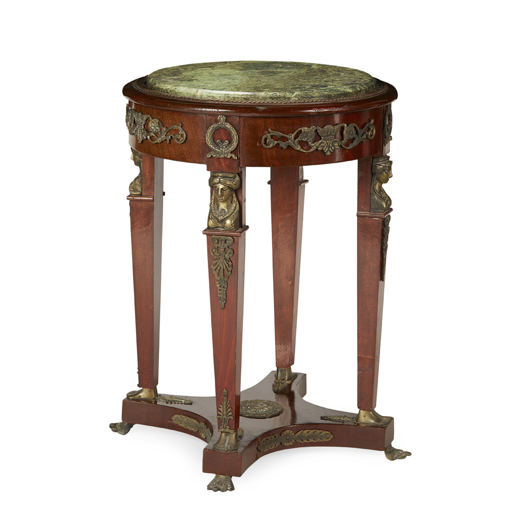 FRENCH EMPIRE STYLE MAHOGANY MARBLE TOP BOUILLOTTE TABLE