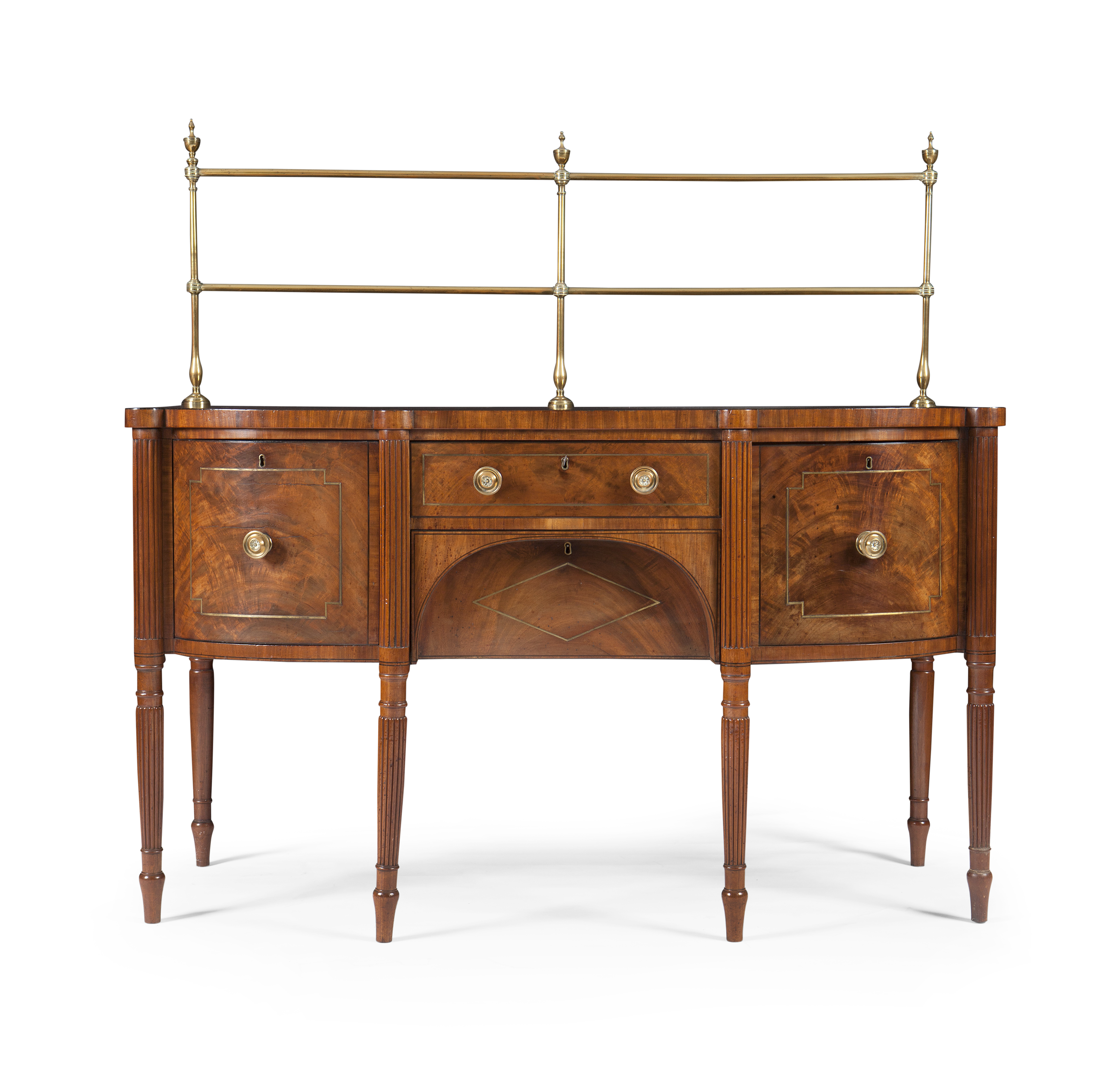 GOOD REGENCY MAHOGANY AND BRASS INLAID BOWFRONT SIDEBOARD