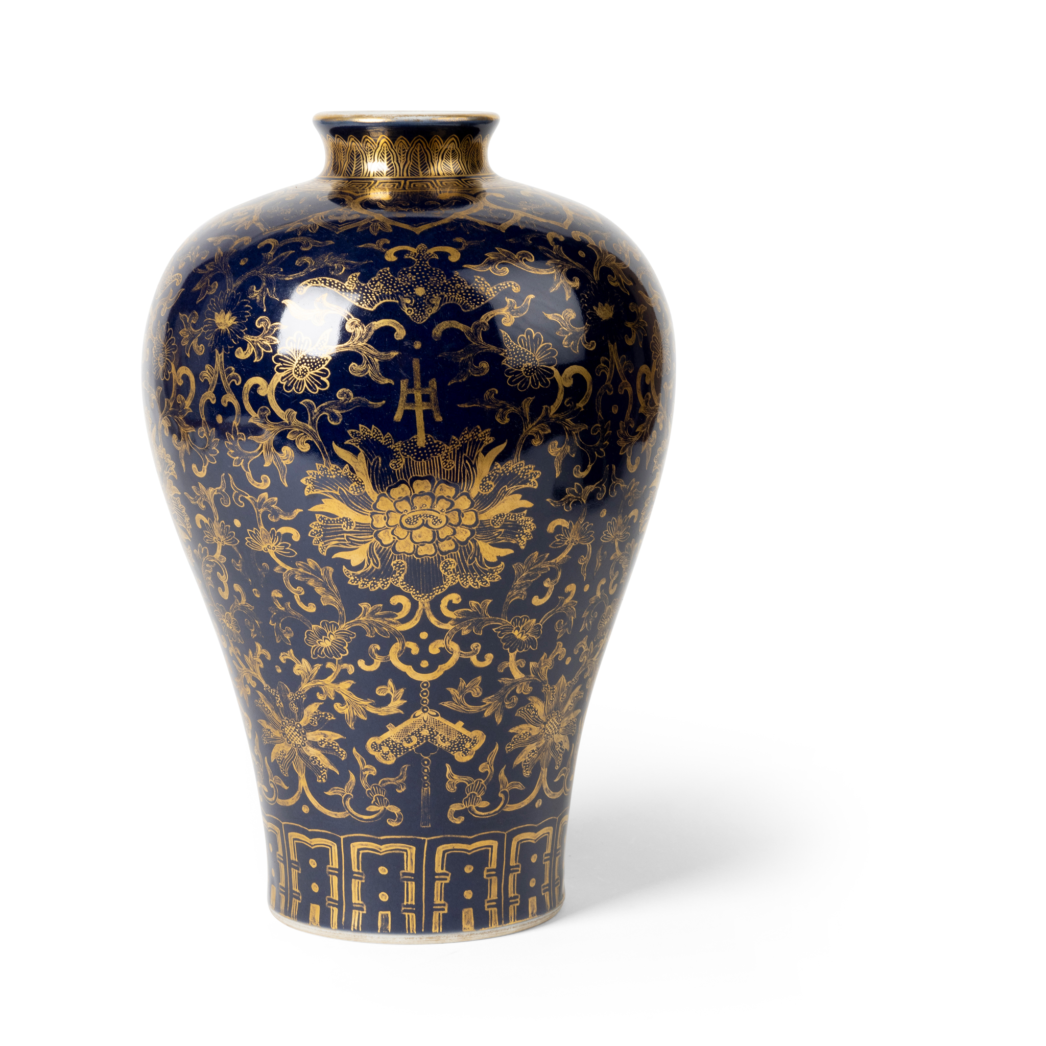 CHINESE GILT-DECORATED BLUE-GLAZED 'LOTUS SCROLL' VASE, MEIPING