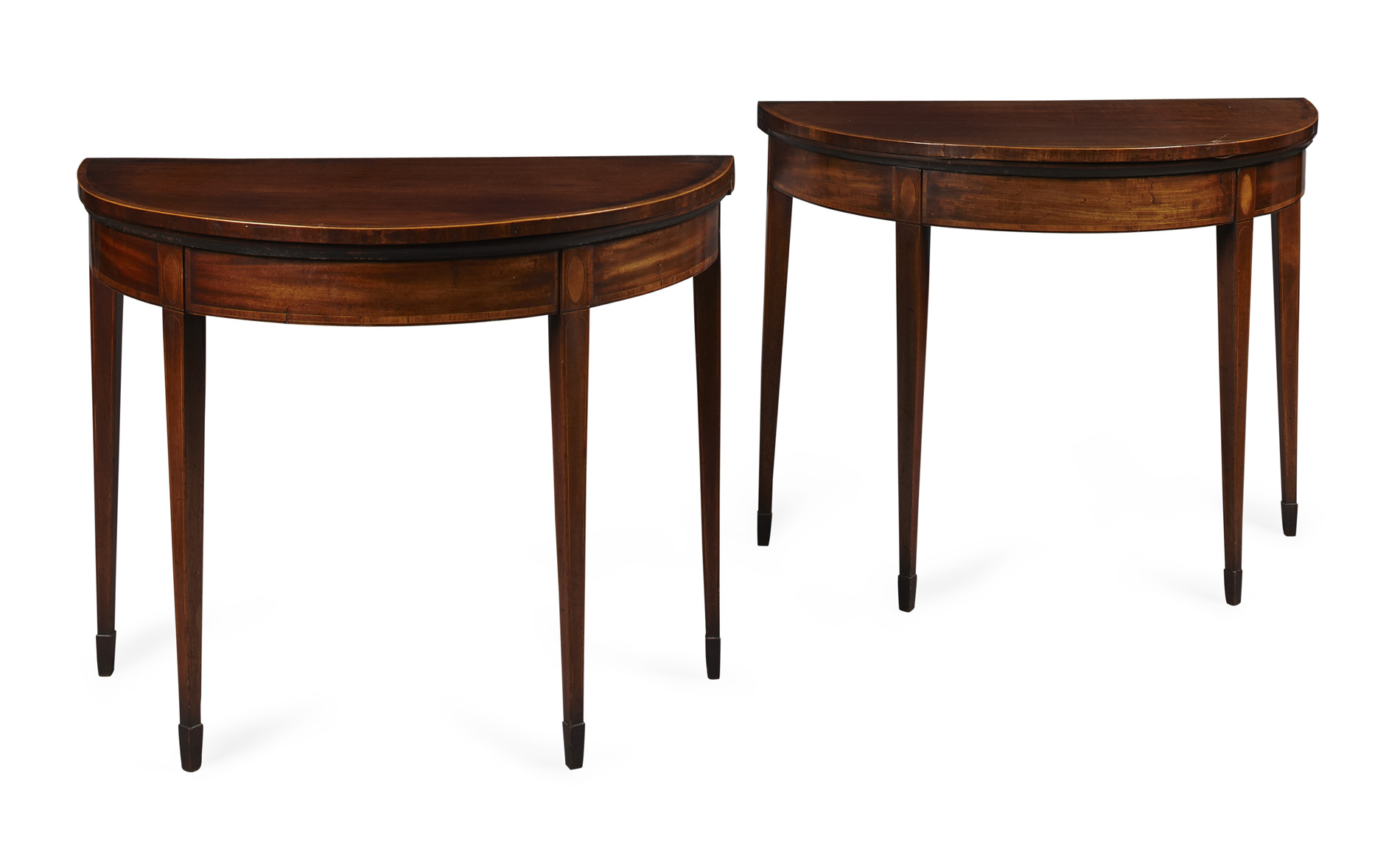 PAIR OF MAHOGANY CROSSBANDED AND INLAY DEMILUNE FOLDOVER GAMES TABLES