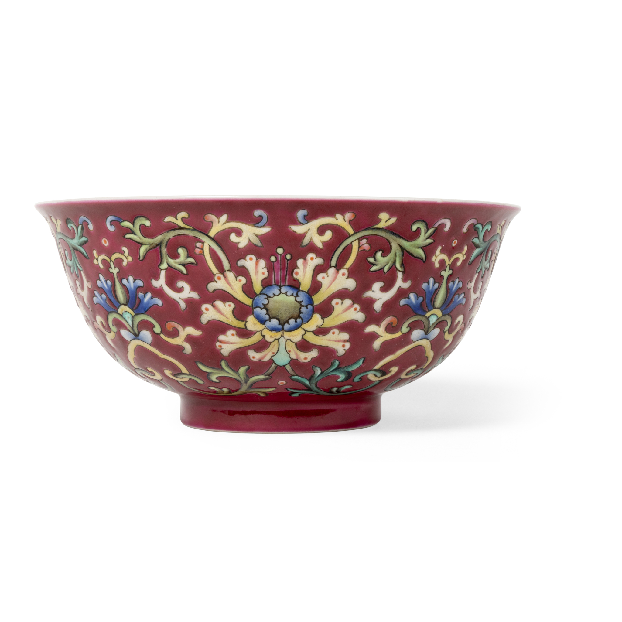 CHINESE RUBY-RED-GROUND FAMILLE ROSE 'FLORAL' BOWL