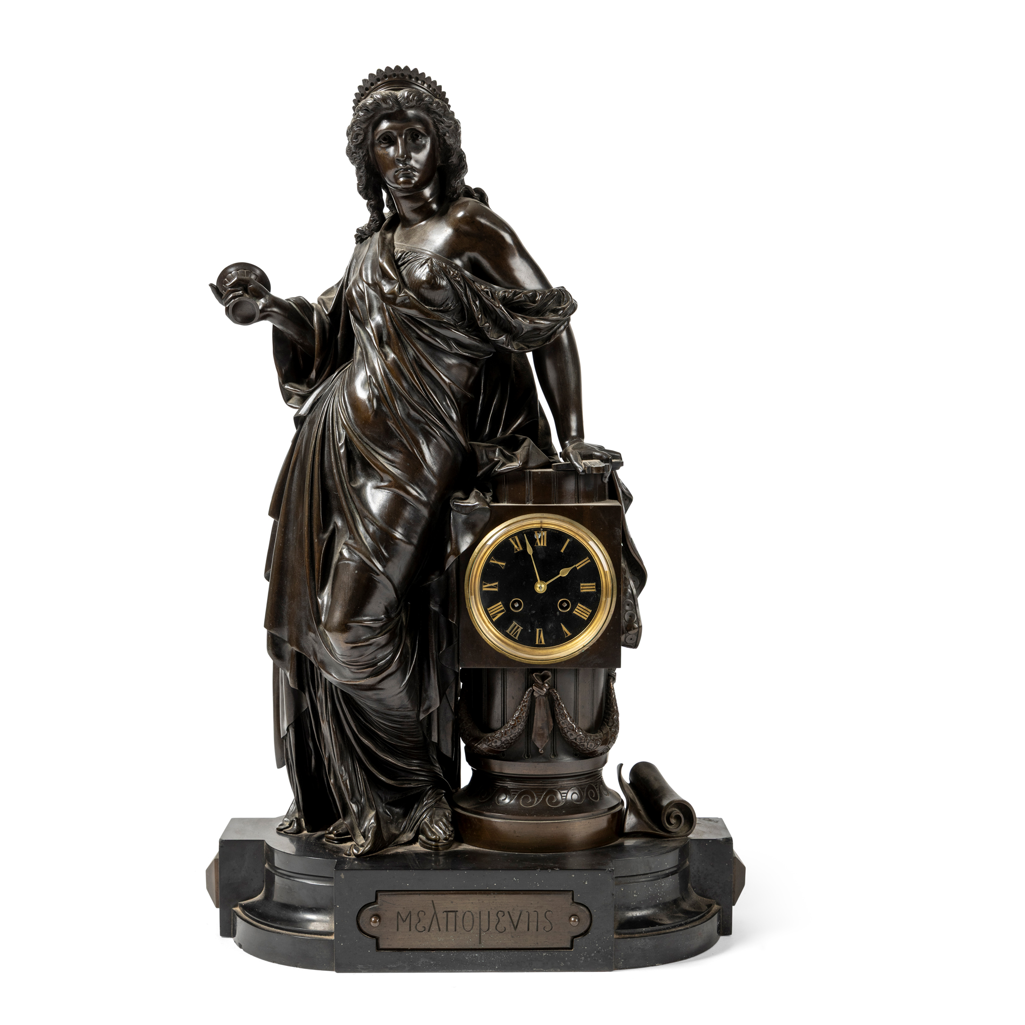 A FRENCH BRONZE AND BLACK SLATE MANTLE CLOCK
