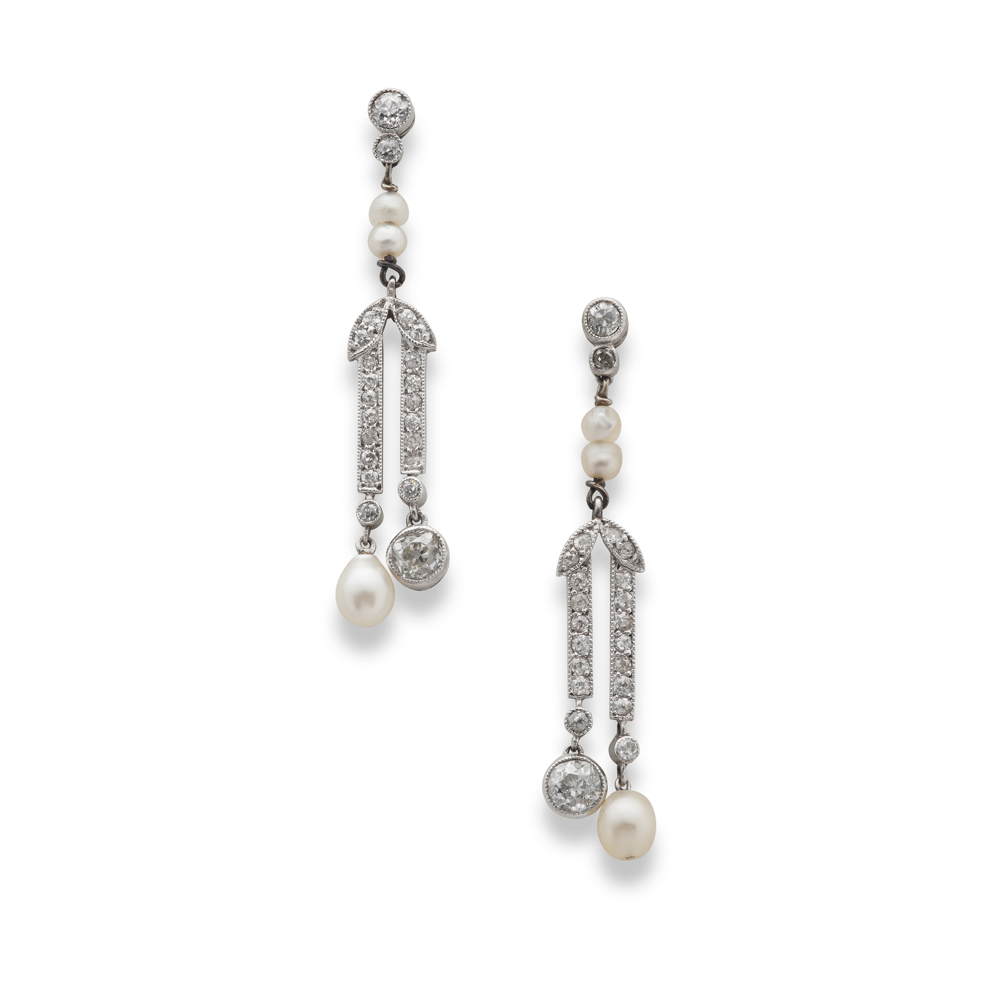 A pair of early 20th century diamond and pearl pendent earrings