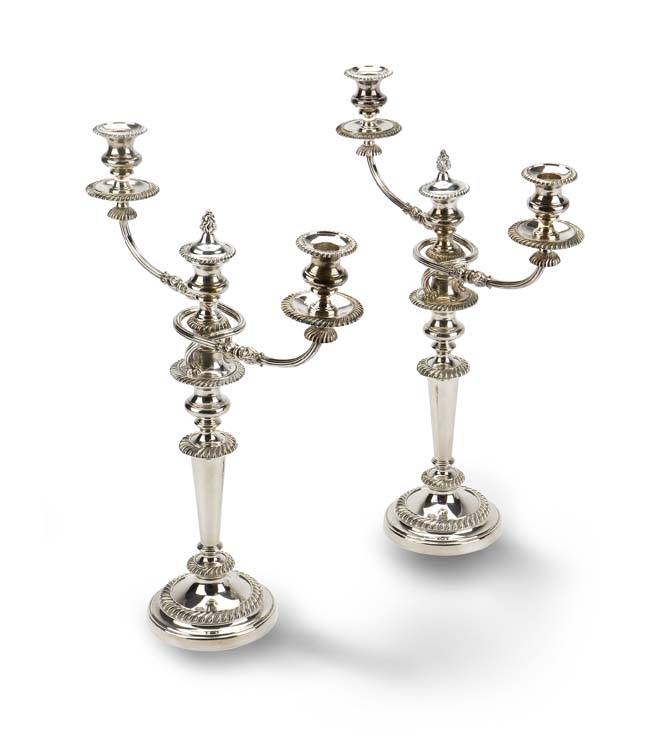 A pair of Sheffield plate three-light candelabra, circa 1815