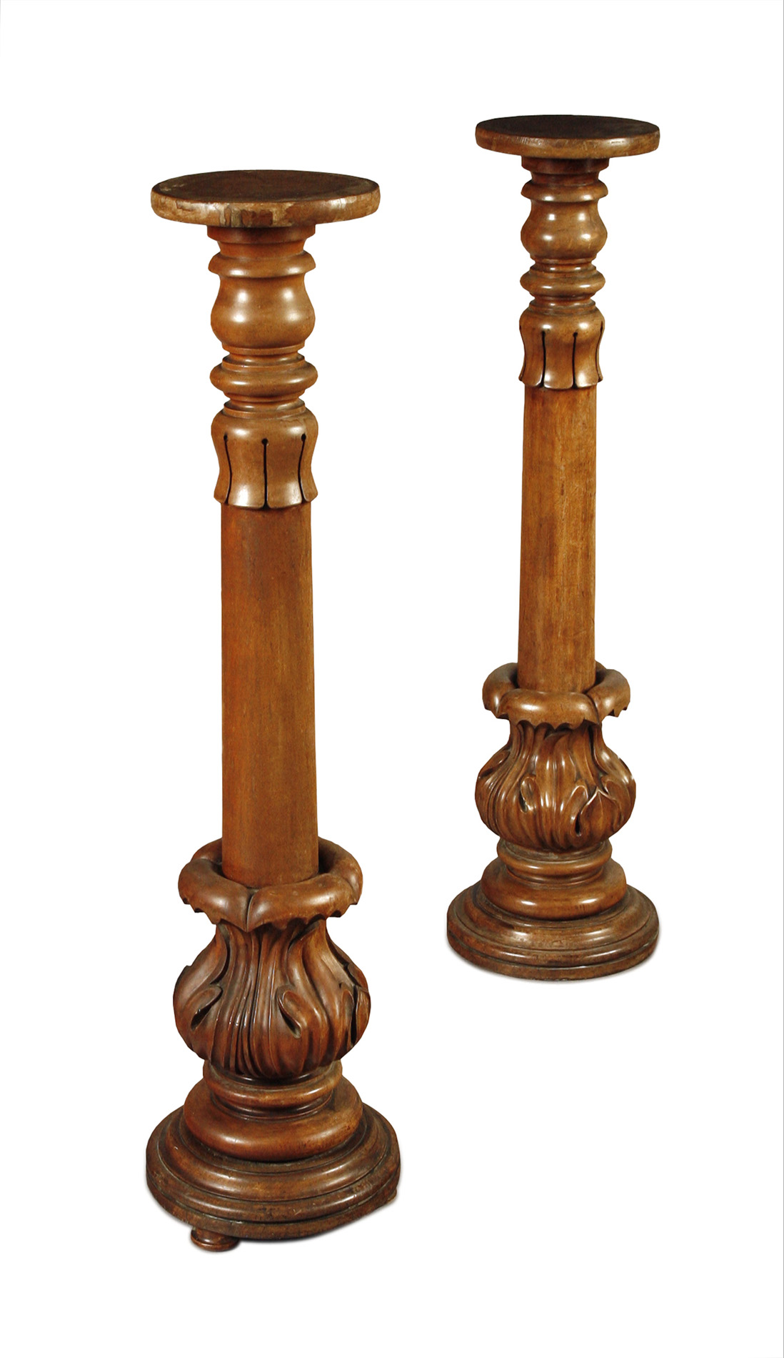 PAIR OF WALNUT TORCHERES, AND ANOTHER SIMILAR