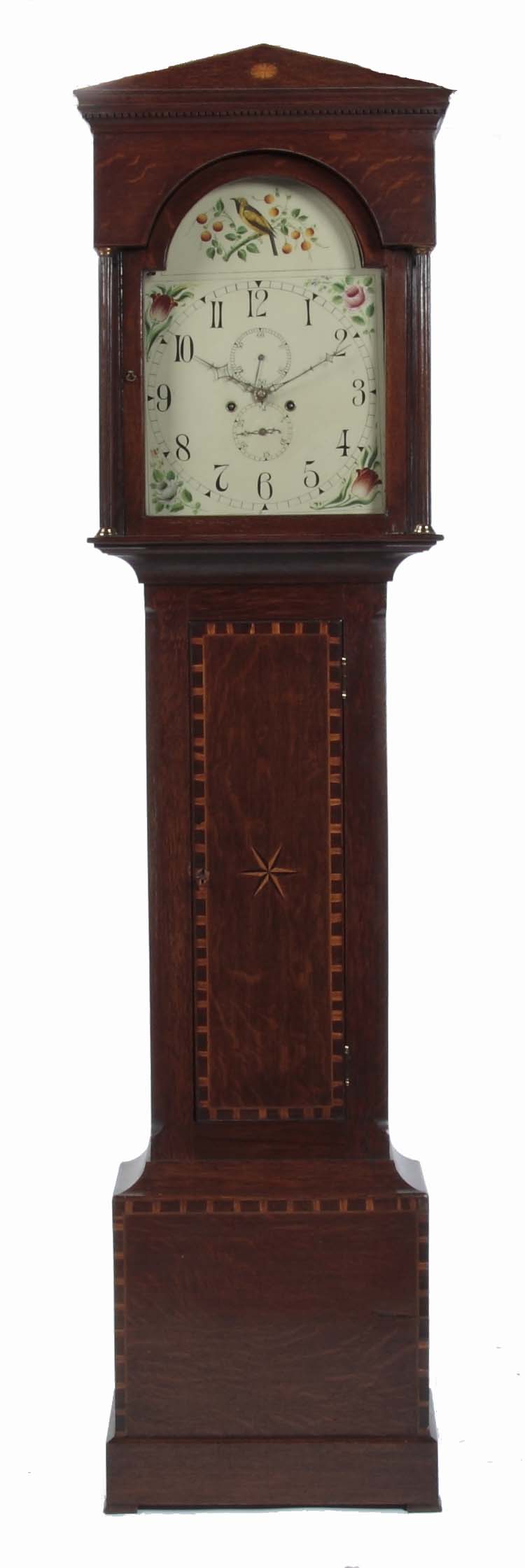 A 19th century provincial oak and fruitwood crossbanded longcase clock