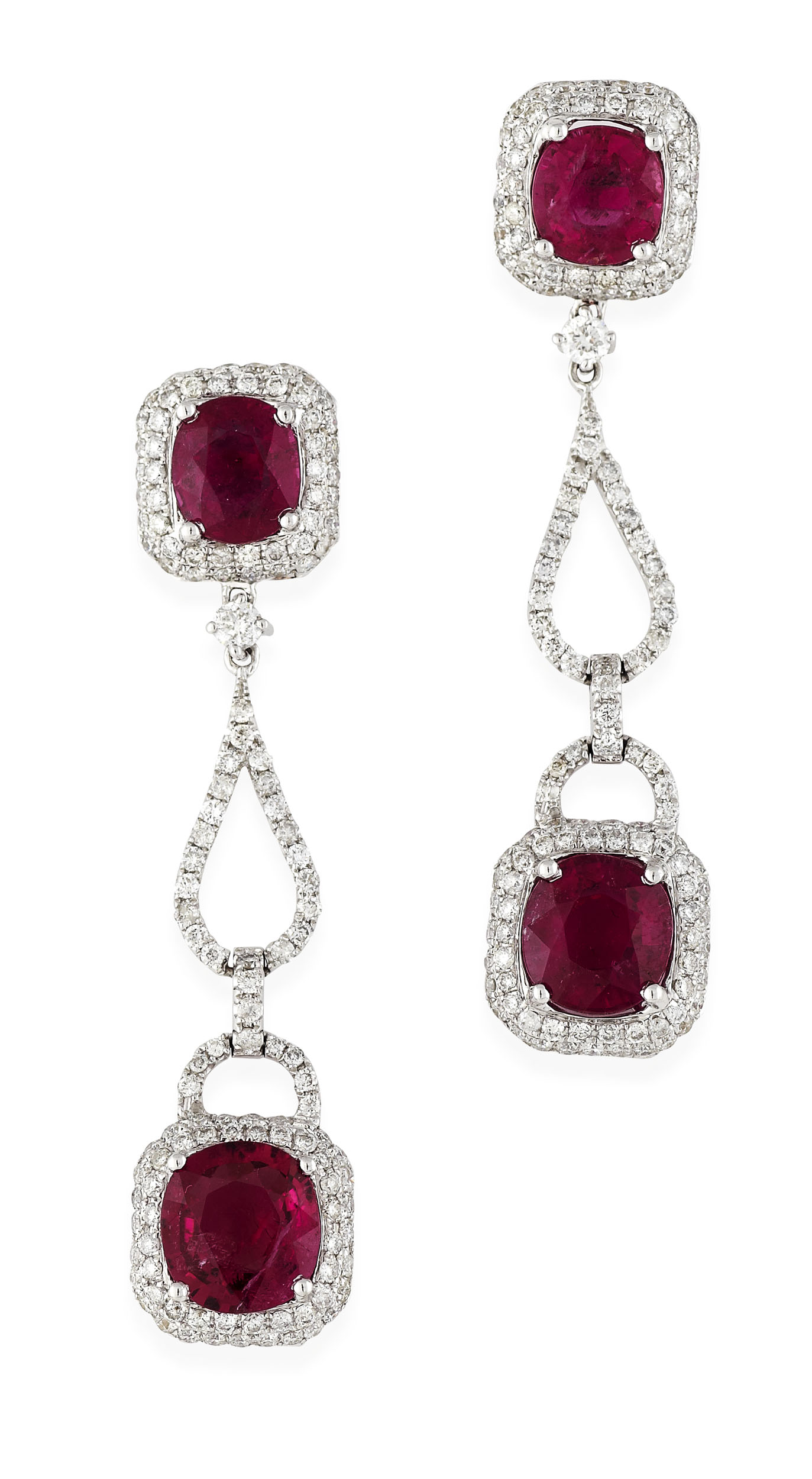 A pair of rubellite and diamond set pendant earrings
