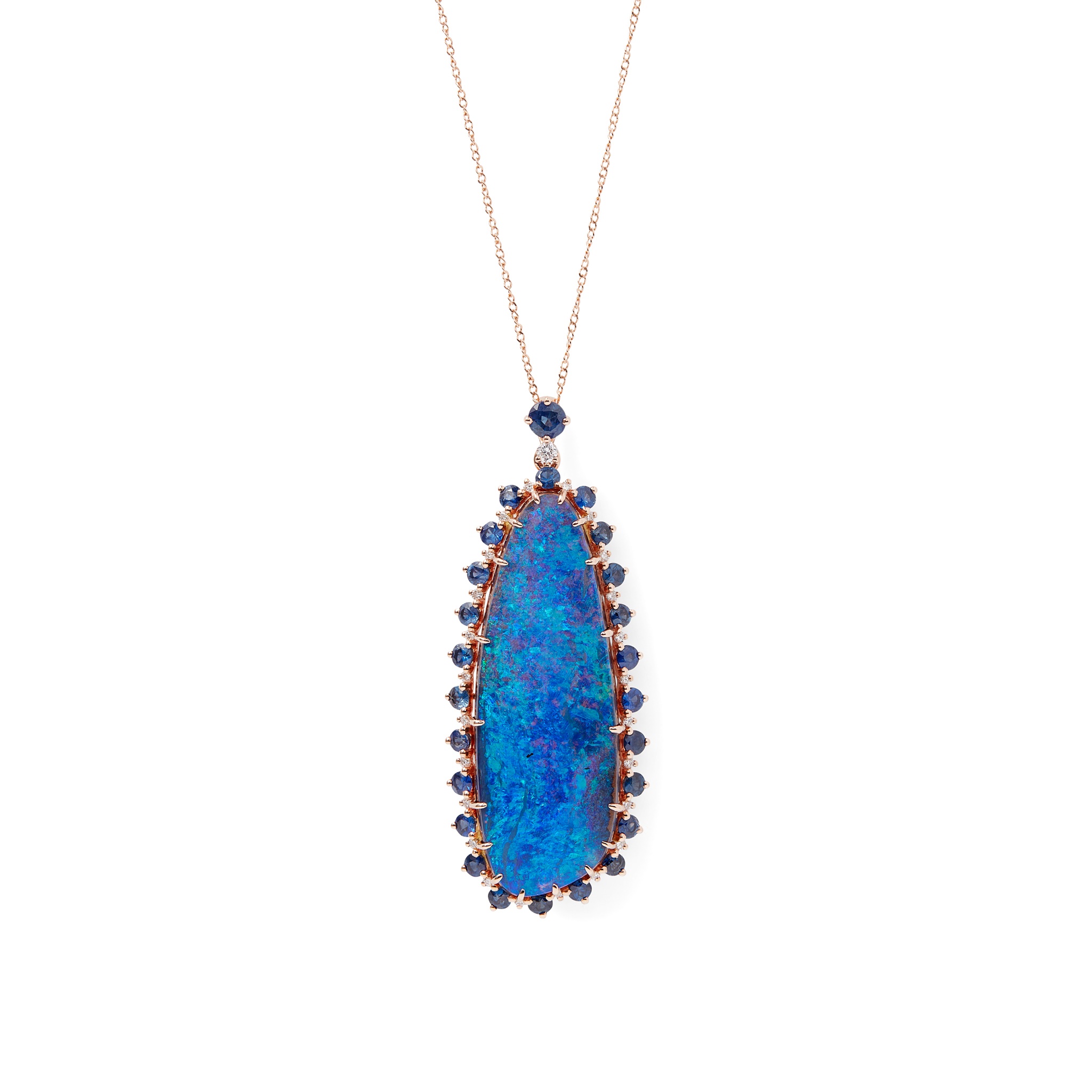 An opal, diamond and sapphire set pendant