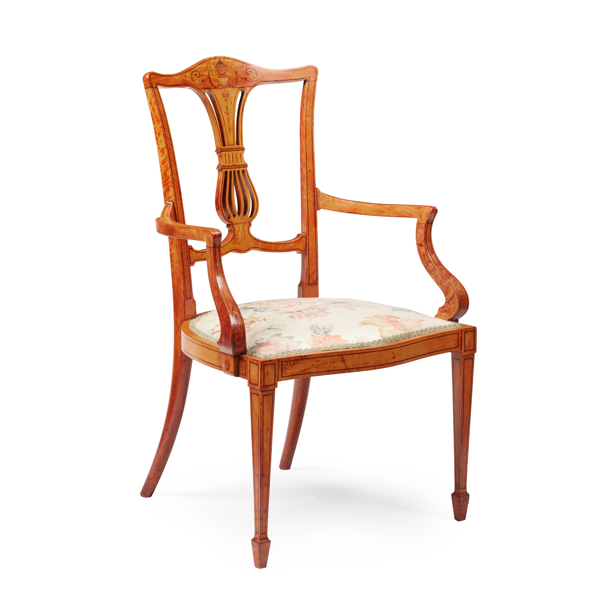 EDWARDIAN YEW AND SATINWOOD ARMCHAIR