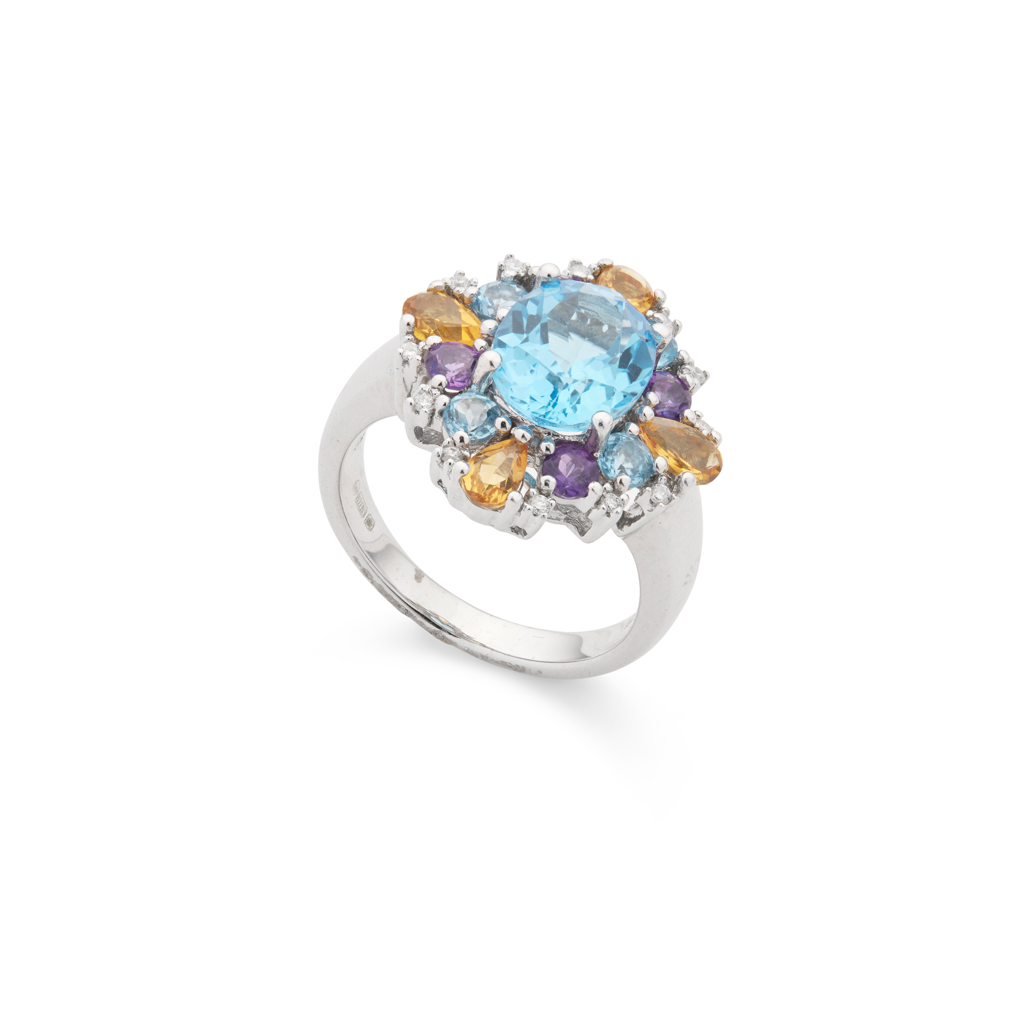 Amoro: A 14ct gold blue topaz, amethyst and citrine cluster ring