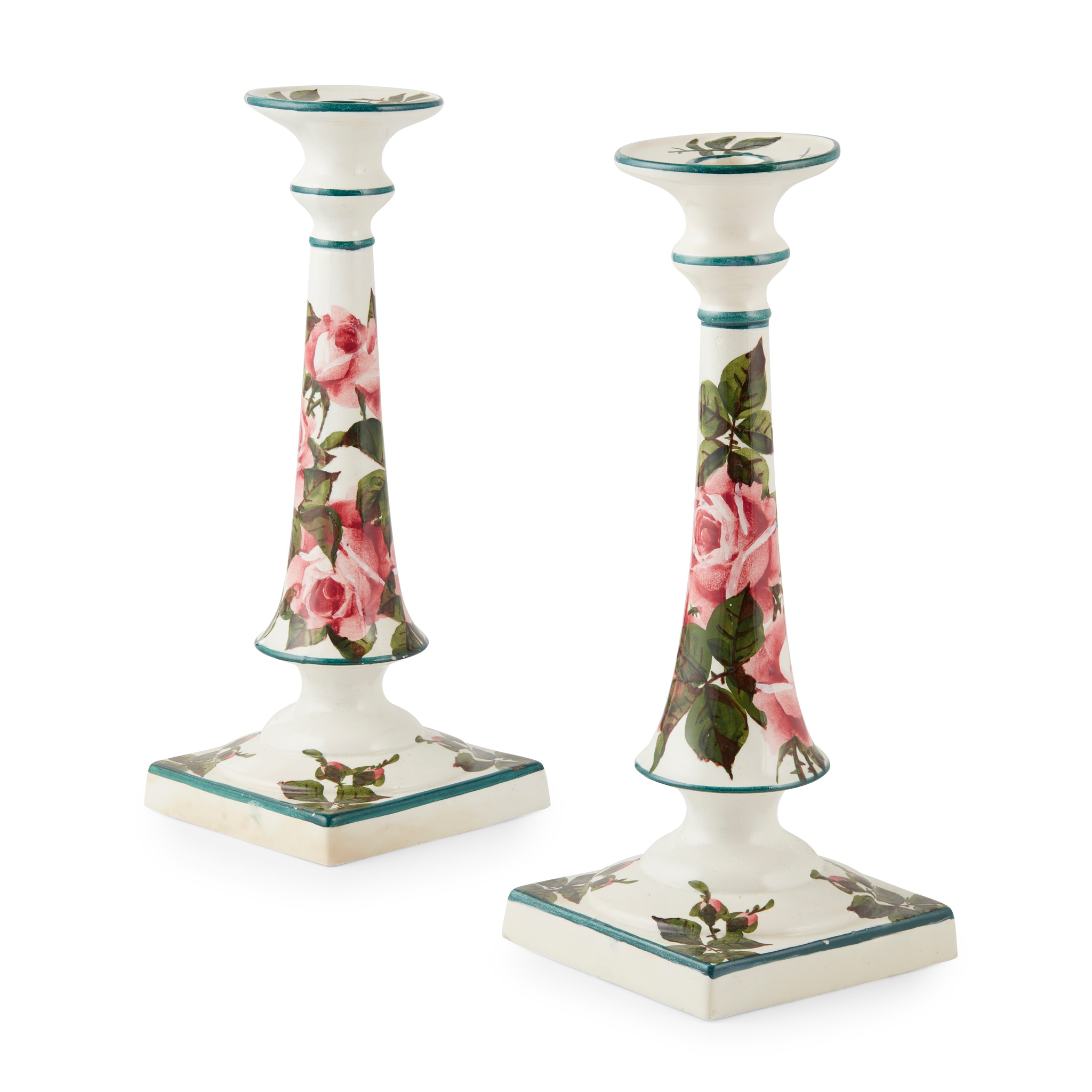 A PAIR OF WEMYSS WARE TALL CANDLESTICKS