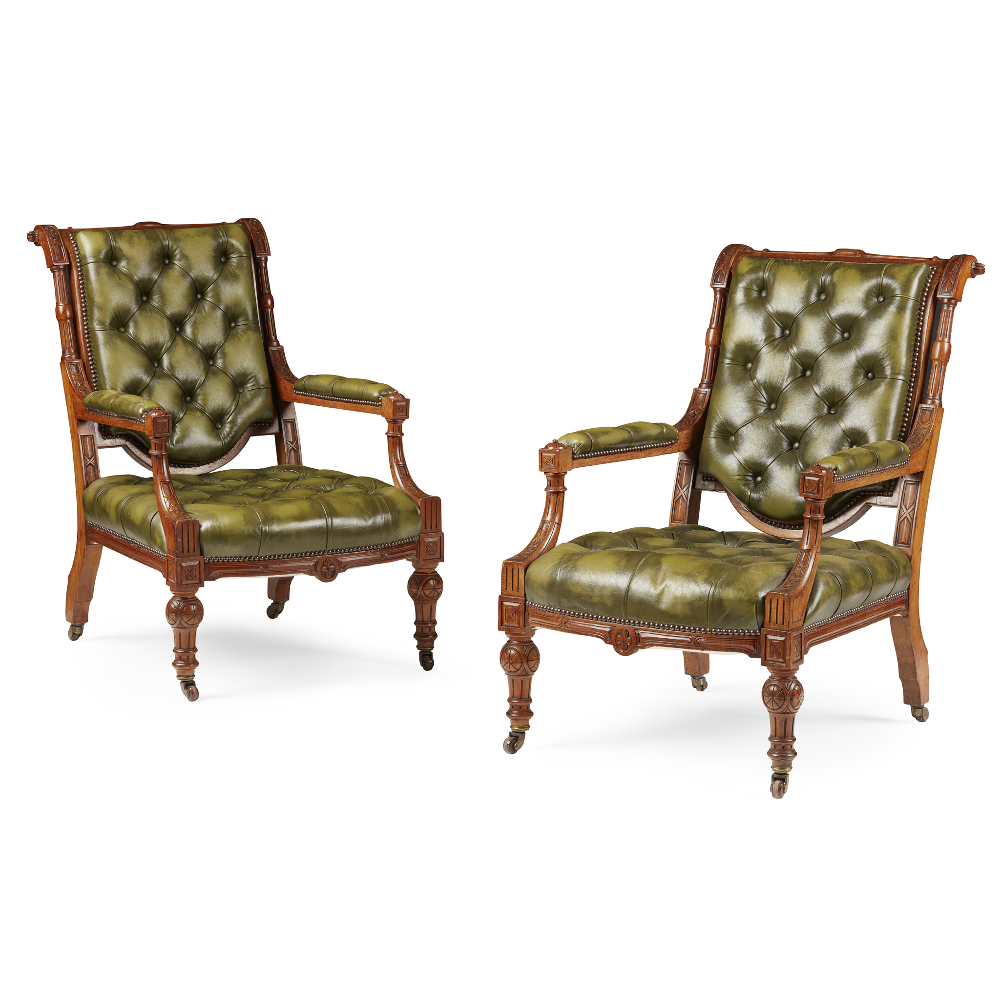 PAIR OF VICTORIAN OAK LIBRARY ARMCHAIRS