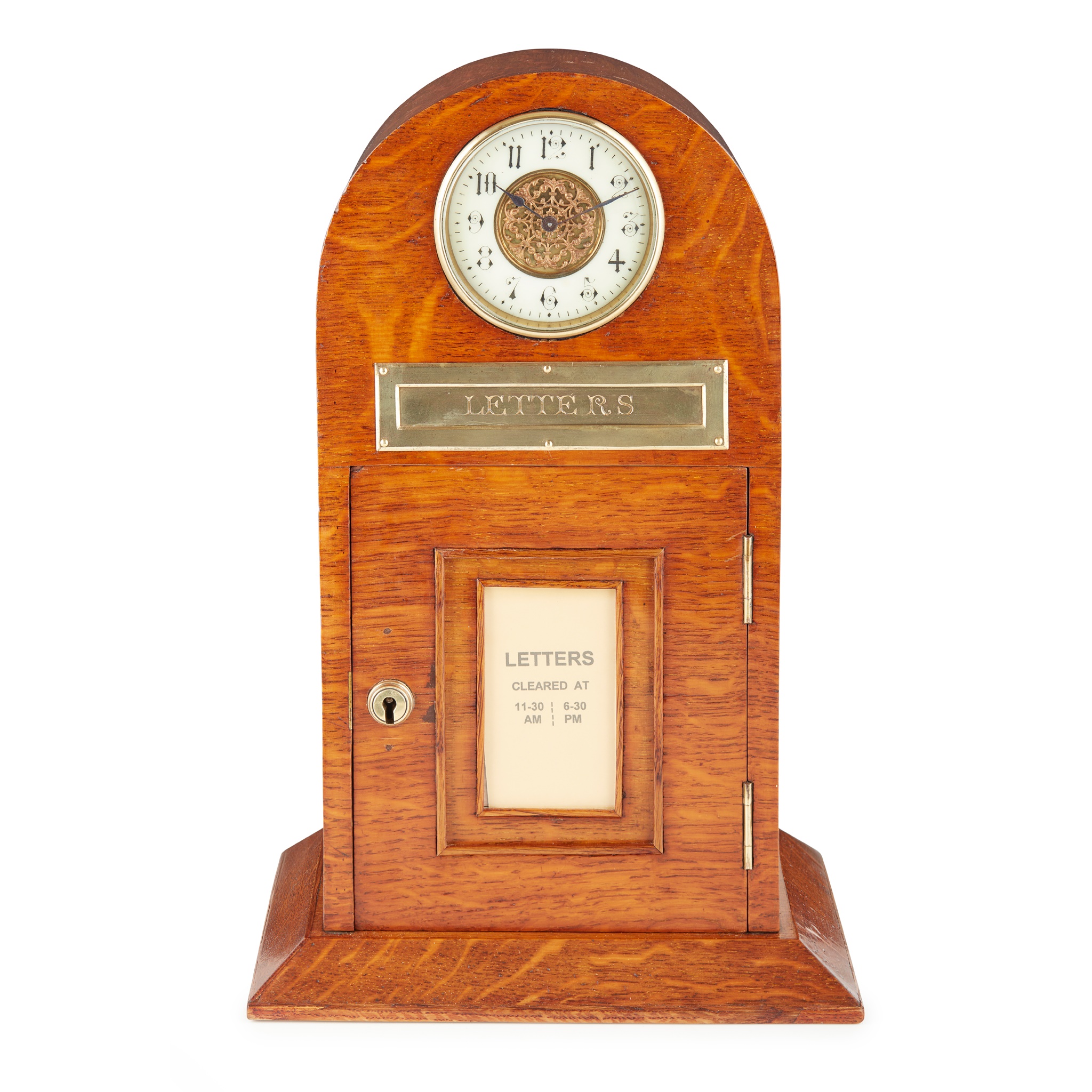 EDWARDIAN OAK AND BRASS LETTER BOX AND CLOCK