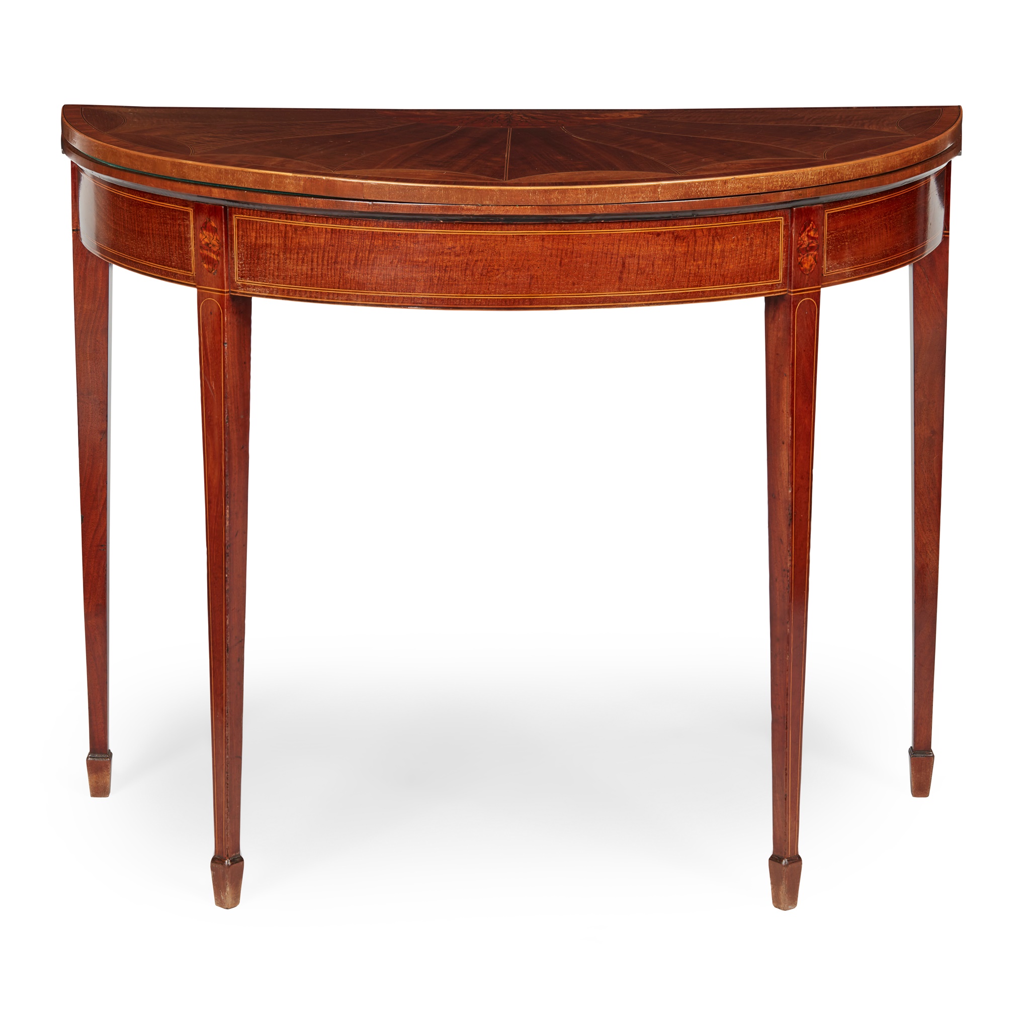GEORGE III MAHOGANY AND SATINWOOD INLAID DEMILUNE CARD TABLE