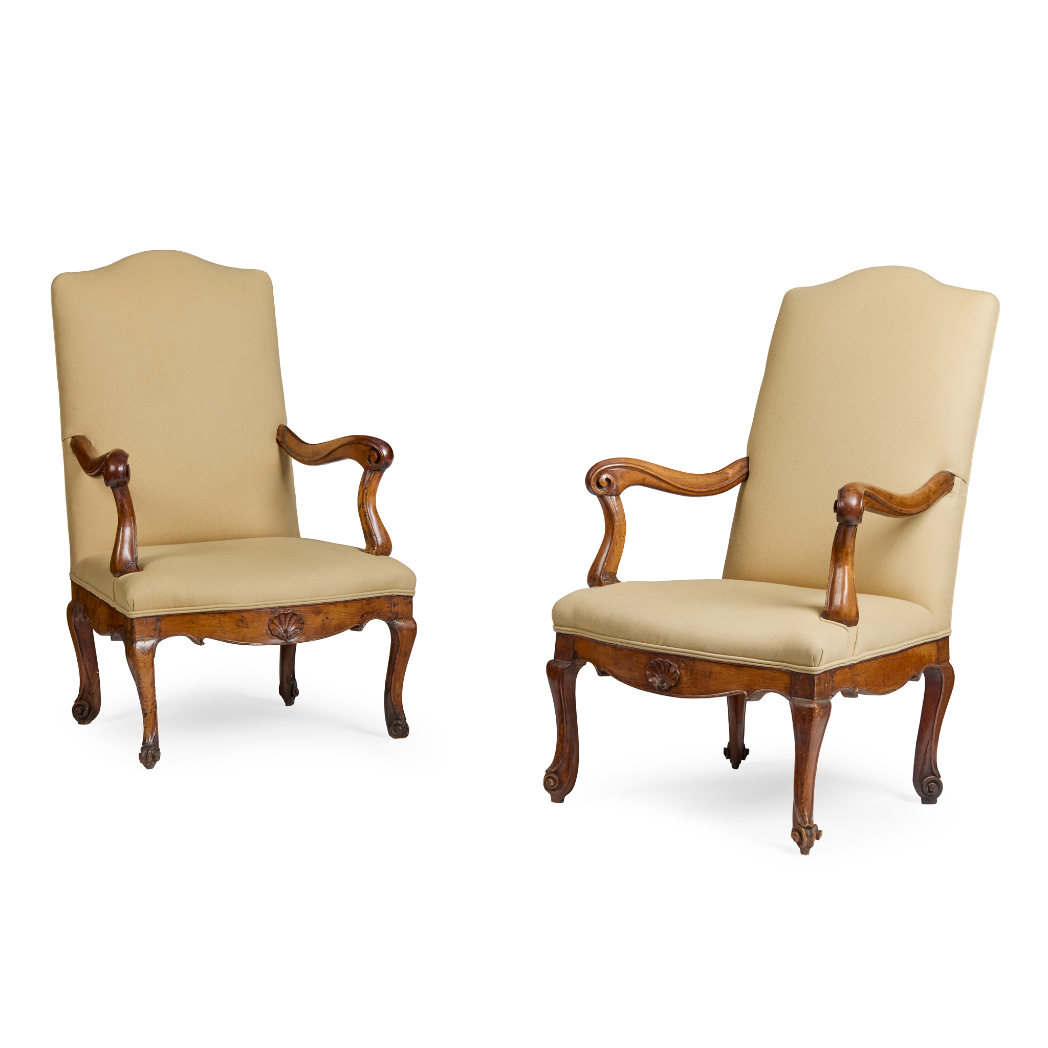 PAIR OF ITALIAN WALNUT OPEN ARMCHAIRS
