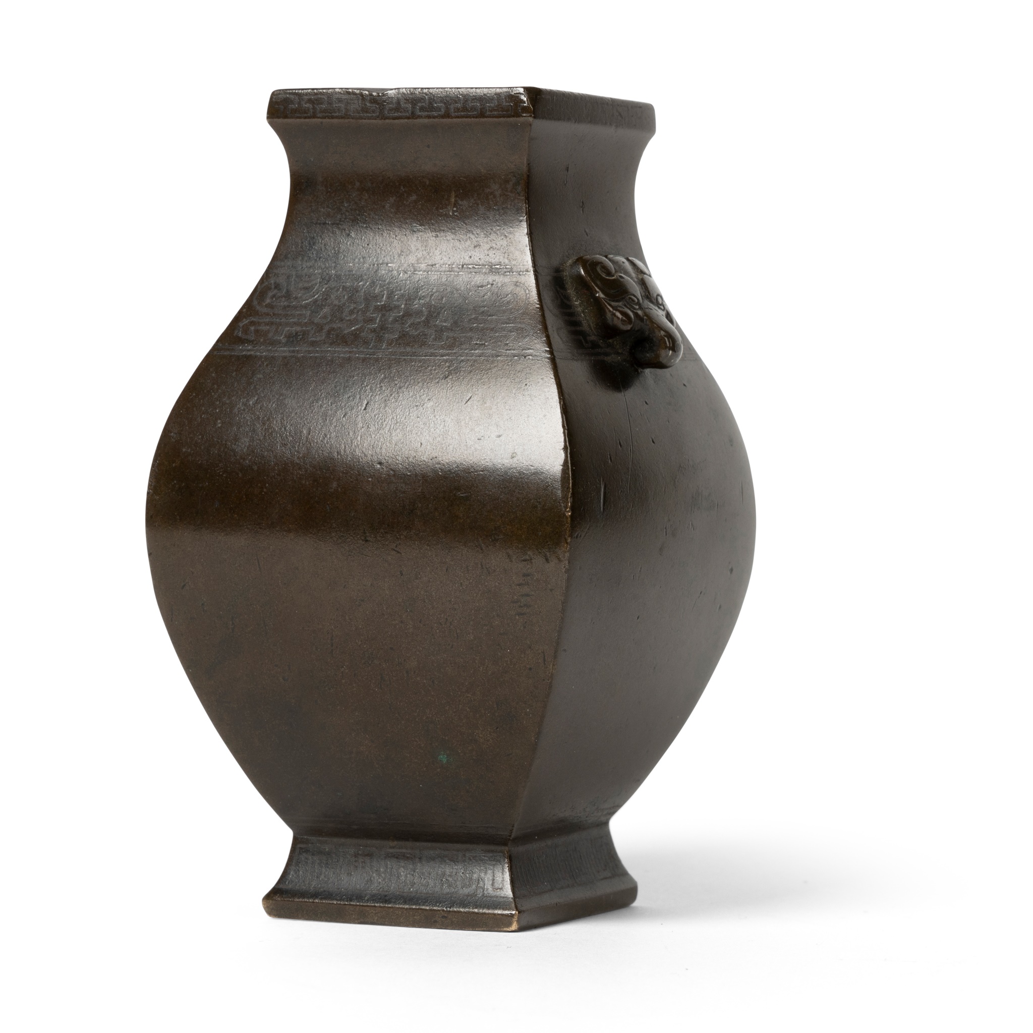 SMALL SILVER-INLAID BRONZE VASE, FANGHU