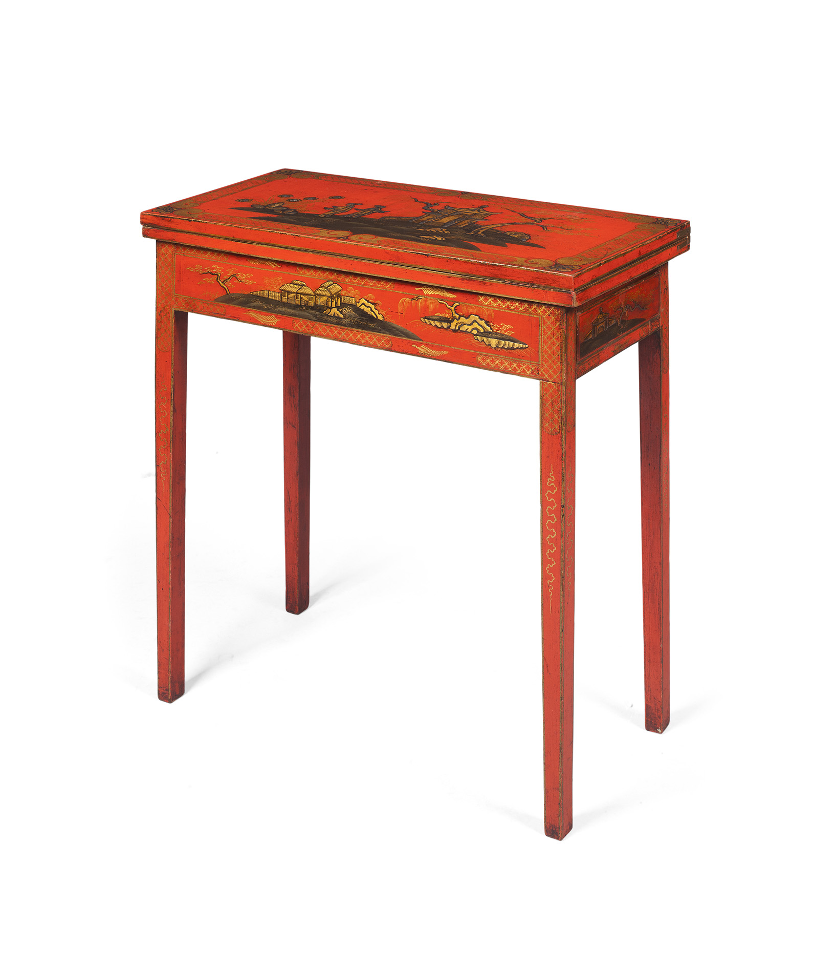 GEORGE III RED JAPANNED FOLDOVER TEA TABLE
