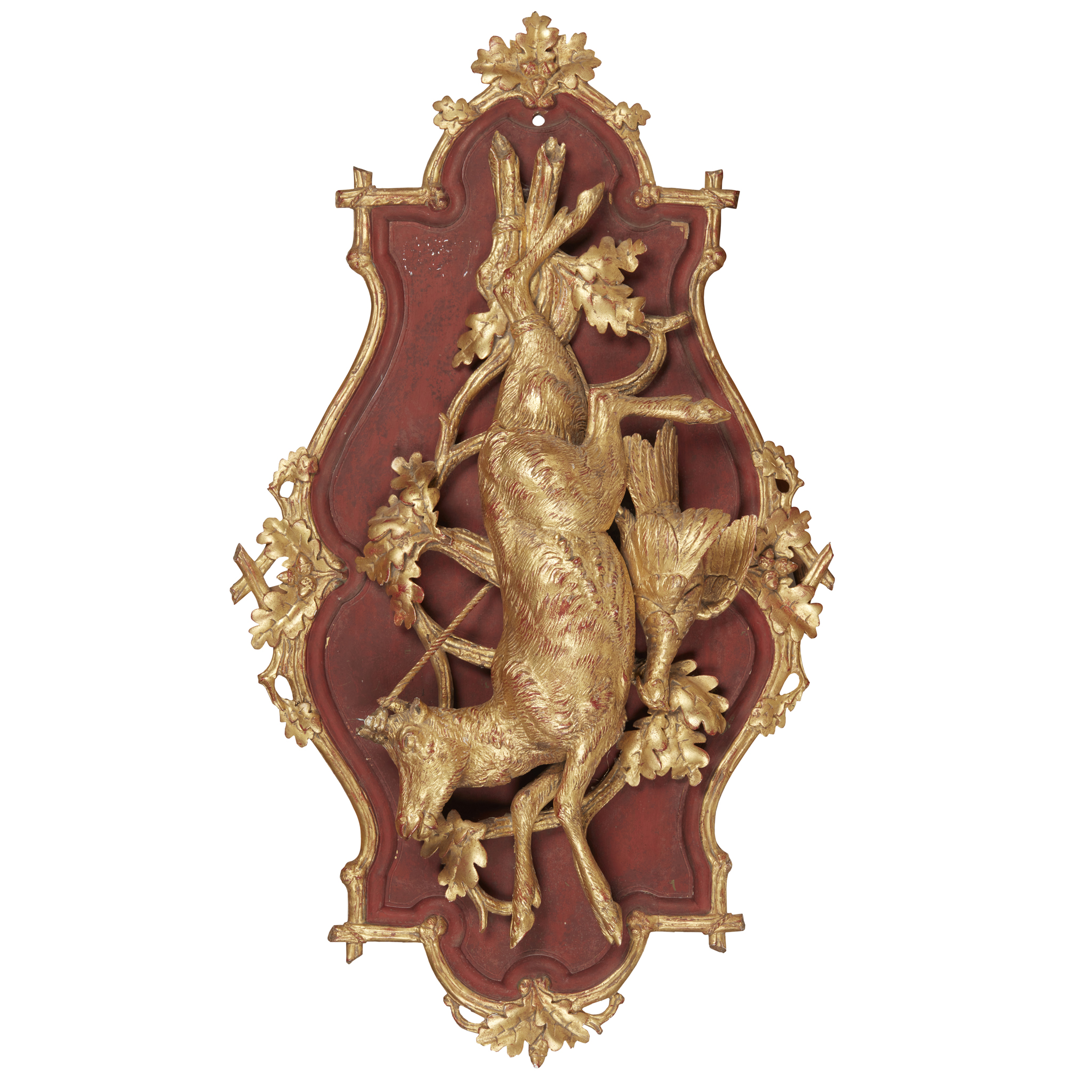 PAINTED AND GILT BLACK FOREST HUNTING TROPHY PANEL