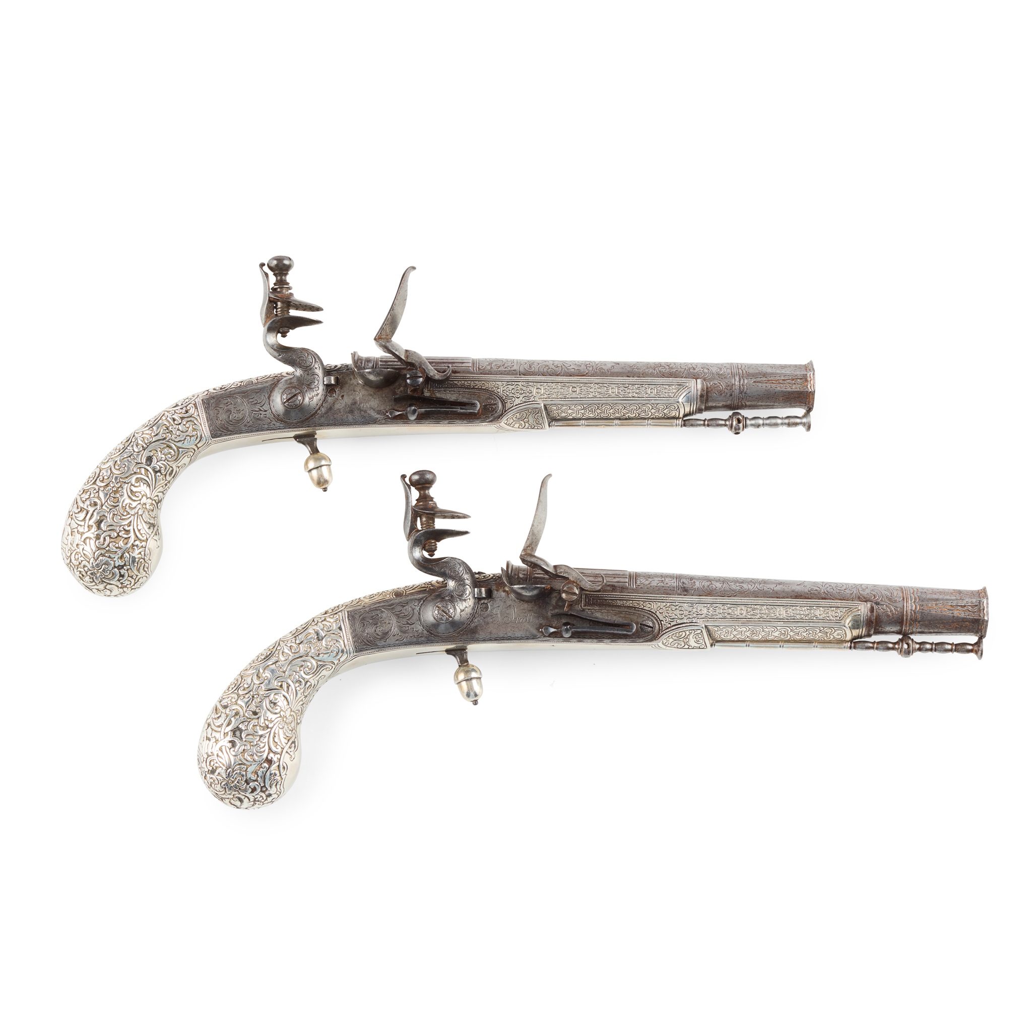 A FINE PAIR OF SILVER MOUNTED EARLY 19TH CENTURY FLINTLOCK PISTOLS