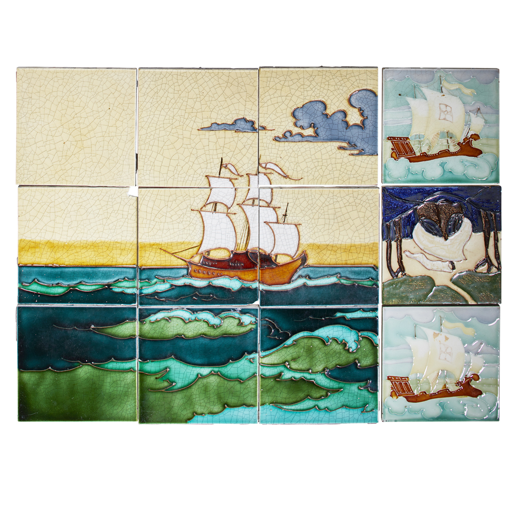 NINE-TILE PANEL IN THE MANNER OF CHARLOTTE RHEAD FOR T. & R. BOOTE