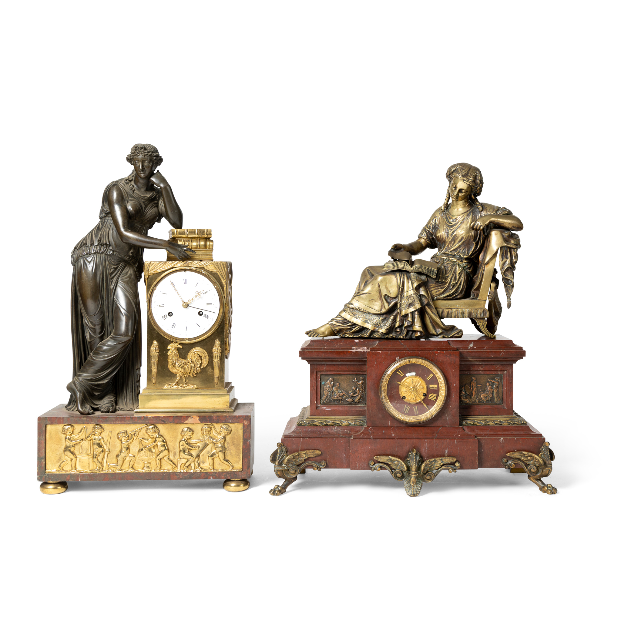 TWO FRENCH BRONZE, GILT BRONZE AND MARMO ROSSO MANTEL CLOCKS