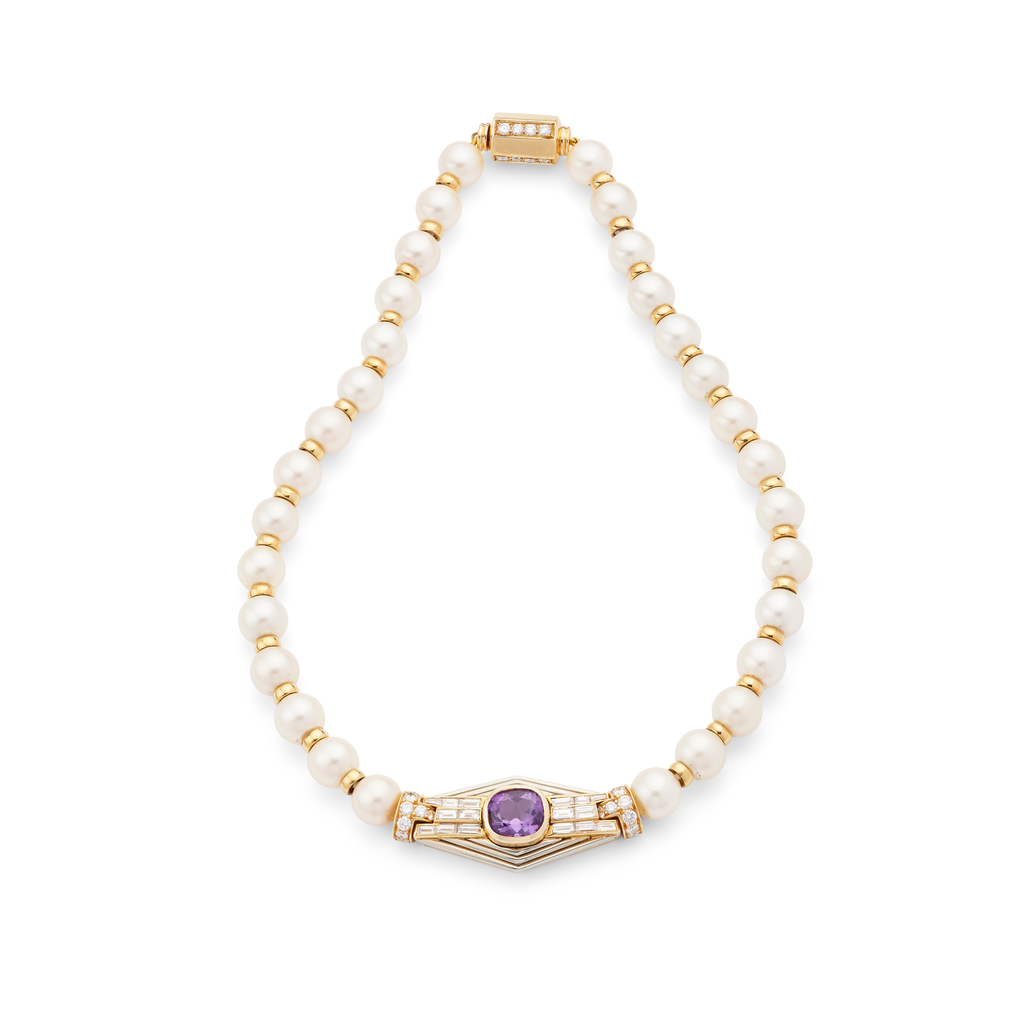Bulgari: A cultured pearl, amethyst and diamond necklace, circa 1985