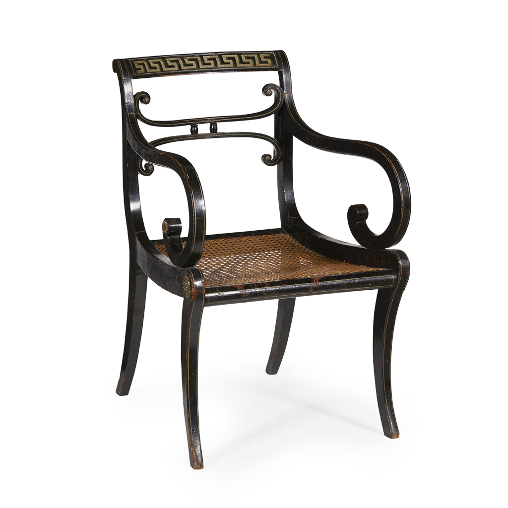 REGENCY EBONISED AND PARCEL GILT ARMCHAIR